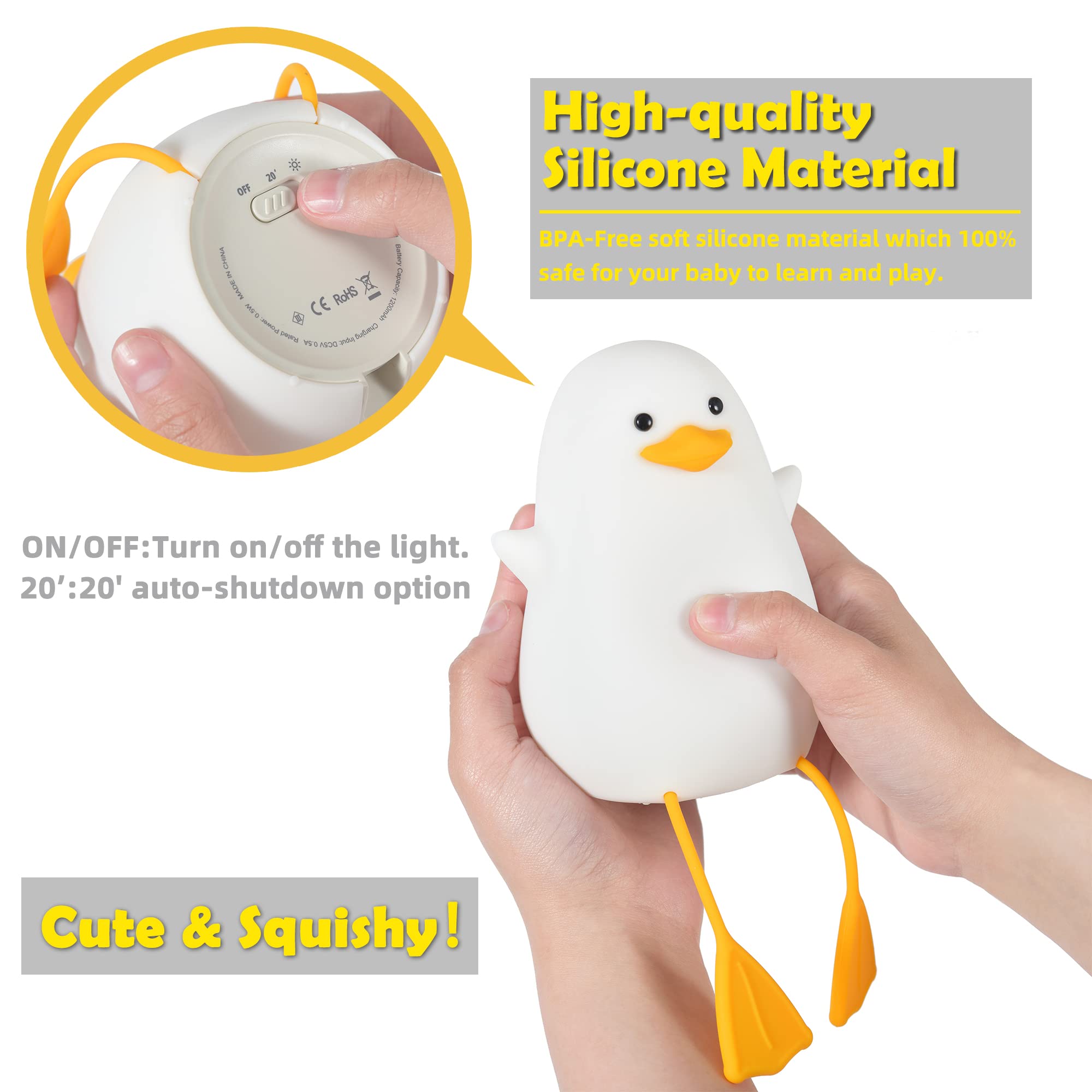 Lampeez Cute Duck Night Light Baby Nursery Lamp Gifts For Kids Bedside Led Light Timer Setting Dimming Table Lamp Usb Charging Nursing/Breastfeeding Safety Abs + Silicon Birth Celebration