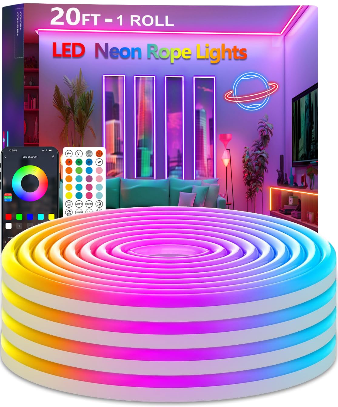 Httpsmp 20Ft Neon Rope Lights,Flexible Led Rope Lights Control With App/Remote,Multiple Modes Rope Lights,Ip67 Outdoor Waterproof,Music Sync Light Strip For Bedroom