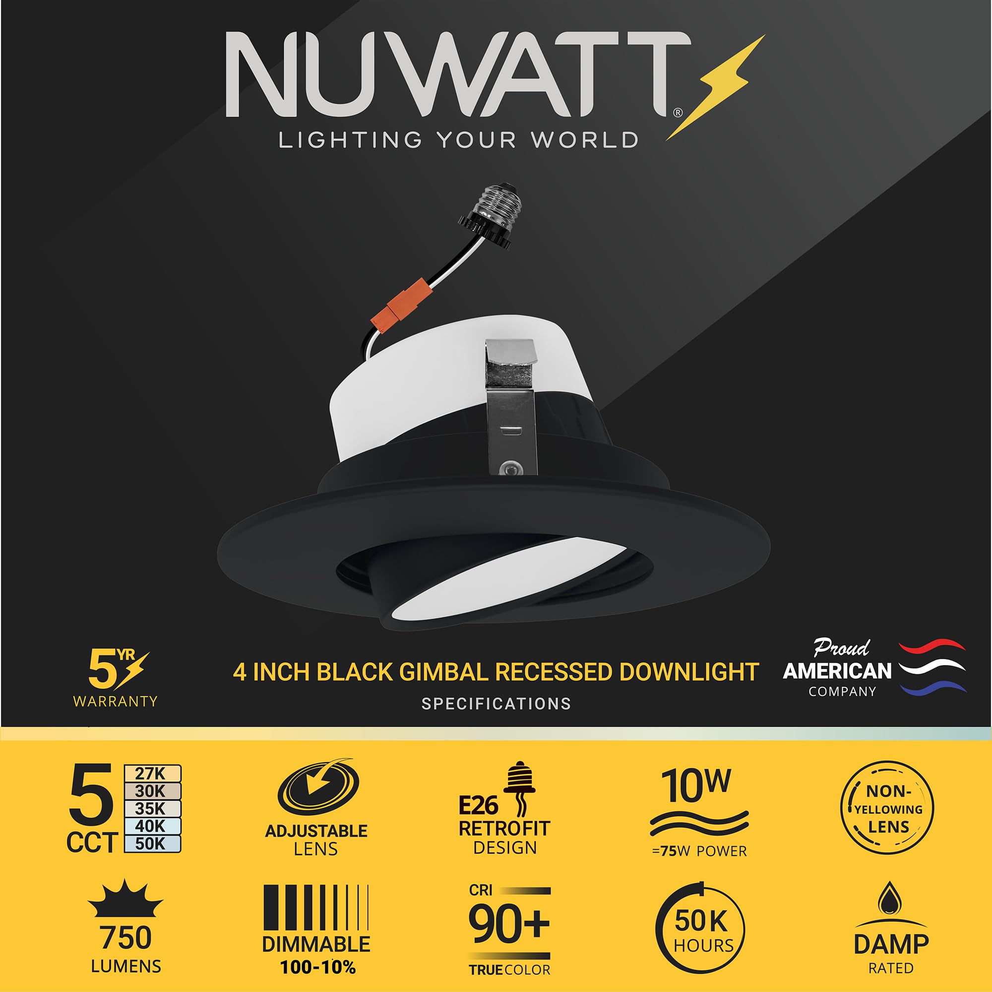 Nuwatt Black 4 Inch Gimbal Retrofit Led Recessed Lighting, 5Cct Selectable 2700K/3000K/3500K/4000K/5000K, High Brightness 750 Lm, 10W, Adjustable Sloped Ceiling Light, Dimmable Eyeball Lights, 6 Pack