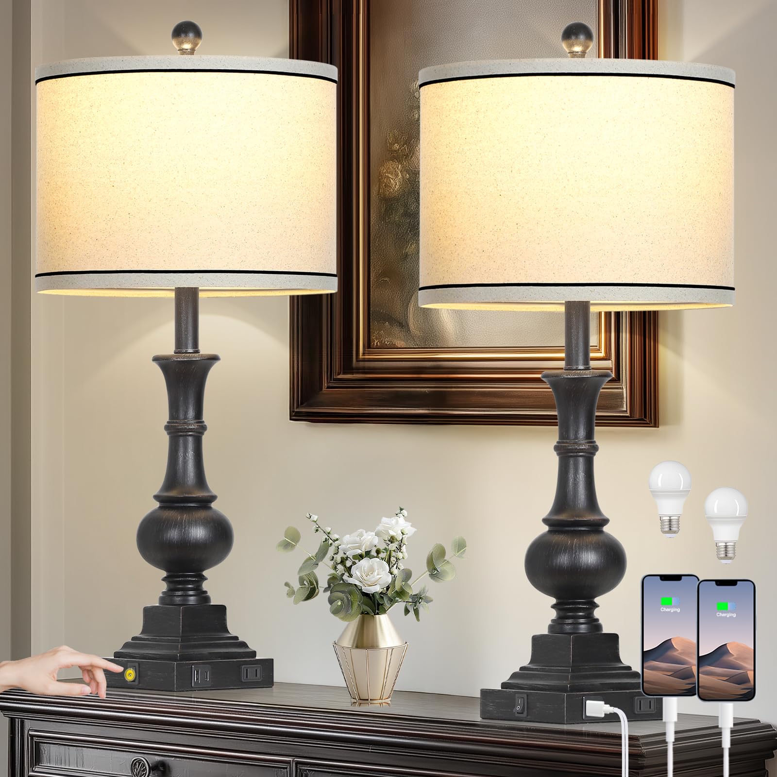 luxeflow Farmhouse Table Lamps Set of 2, Vintage Bedside Lamps with USB A+C Charging Ports & AC Outlet, 26 Rustic Nightstand Lam