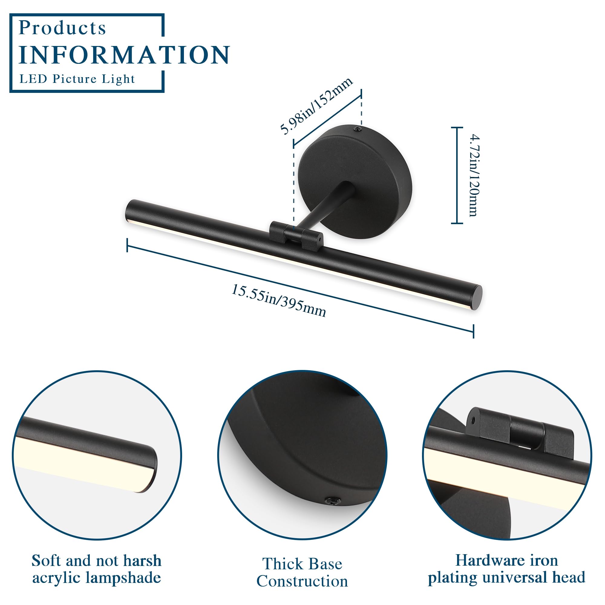 Pasoar Hardwired Adjustable Lighting Matte Black Modern Led Picture Lights For Paintings 15.7'' Inch Long Swing Arm Metal Art Lights Warm White 3000K