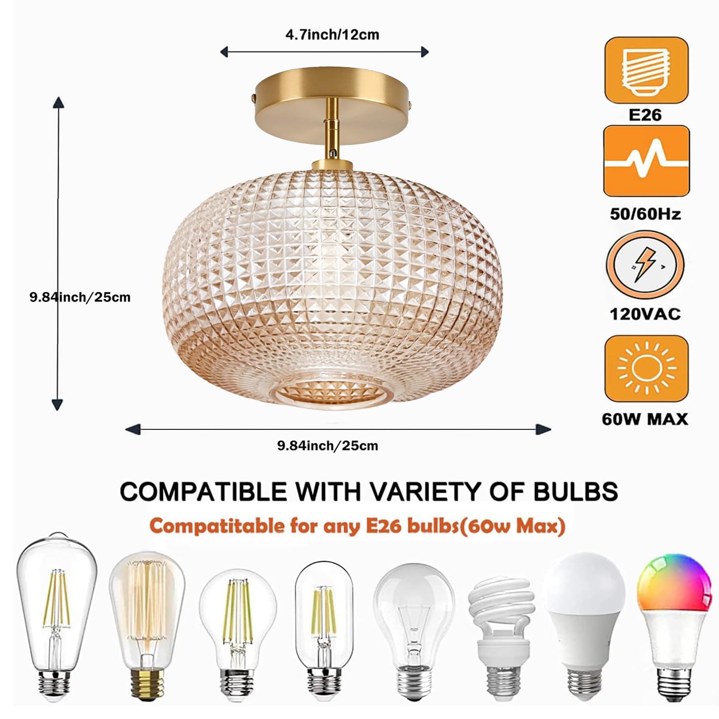 Jolydoly Semi Flush Mount Ceiling Light Vintage Small Ceiling Light Fixture Hallway Lighting Fixture With Amber Glass Shade Art Deco Kitchen Lighting Fixtures Ceiling For Bedroom Bathroom Porch