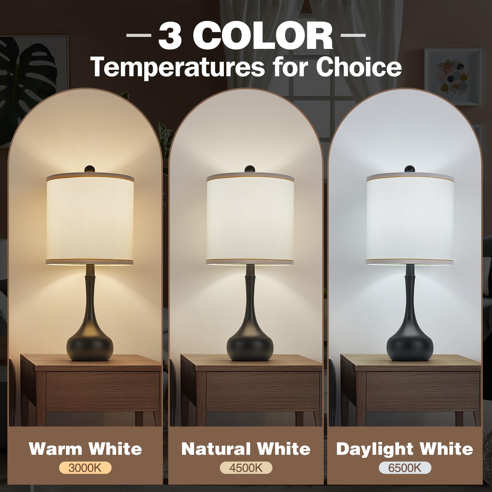 Helijia 23'' Black Metal Modern Table Lamp Set Of 2,Farmhouse Bedside Lamps For Living Room, 3 Color Temperature Rustic Table La