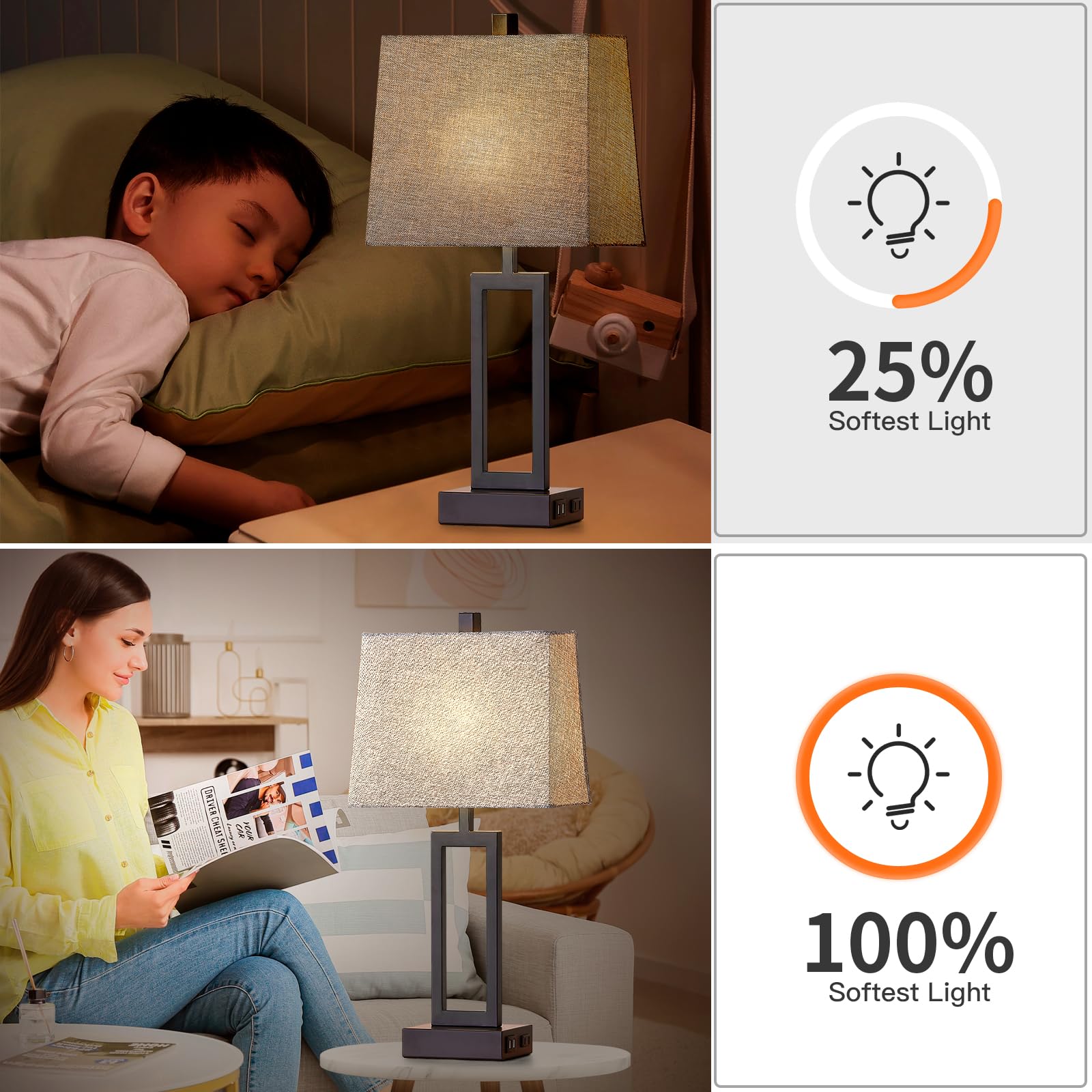 Rinweey Touch Control Table Lamps Set of 2, 3-Way Dimmable, USB Ports & AC Outlet, Gray, Large, LED Bulb Included