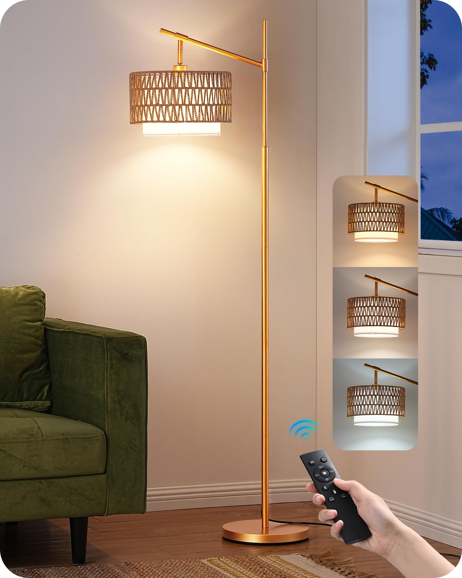 EDISHINE Rattan Floor Lamp with 5 Color Temperatures, Rattan & Fabric Double Shades, Farmhouse Arc Floor Lamp with Remote Contro