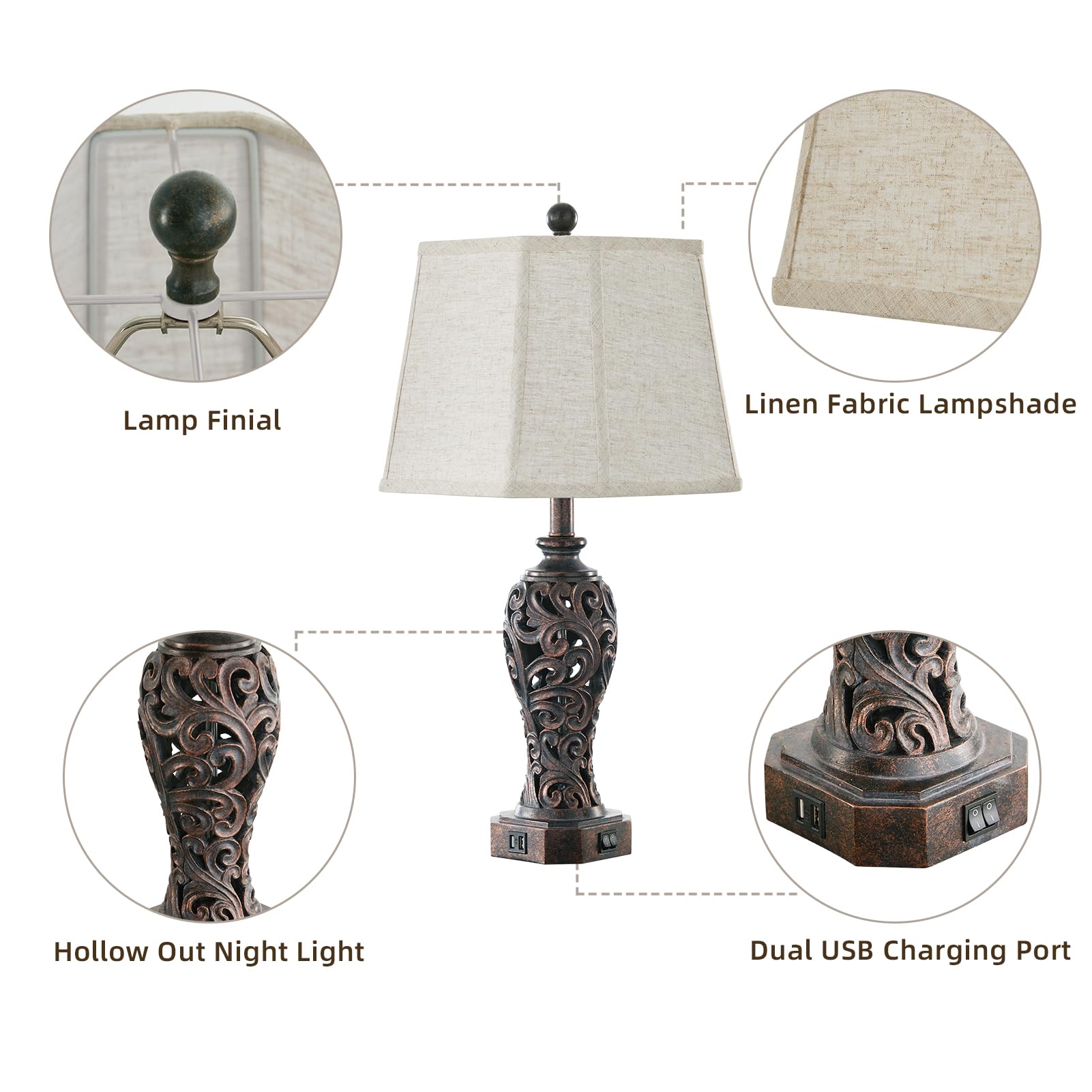 Reyokale Farmhouse Table Lamps Set of 2, Rustic Bronze Nightstand Lamps with 2 USB Ports, Includes 2 Bulbs - Model FBA-8916