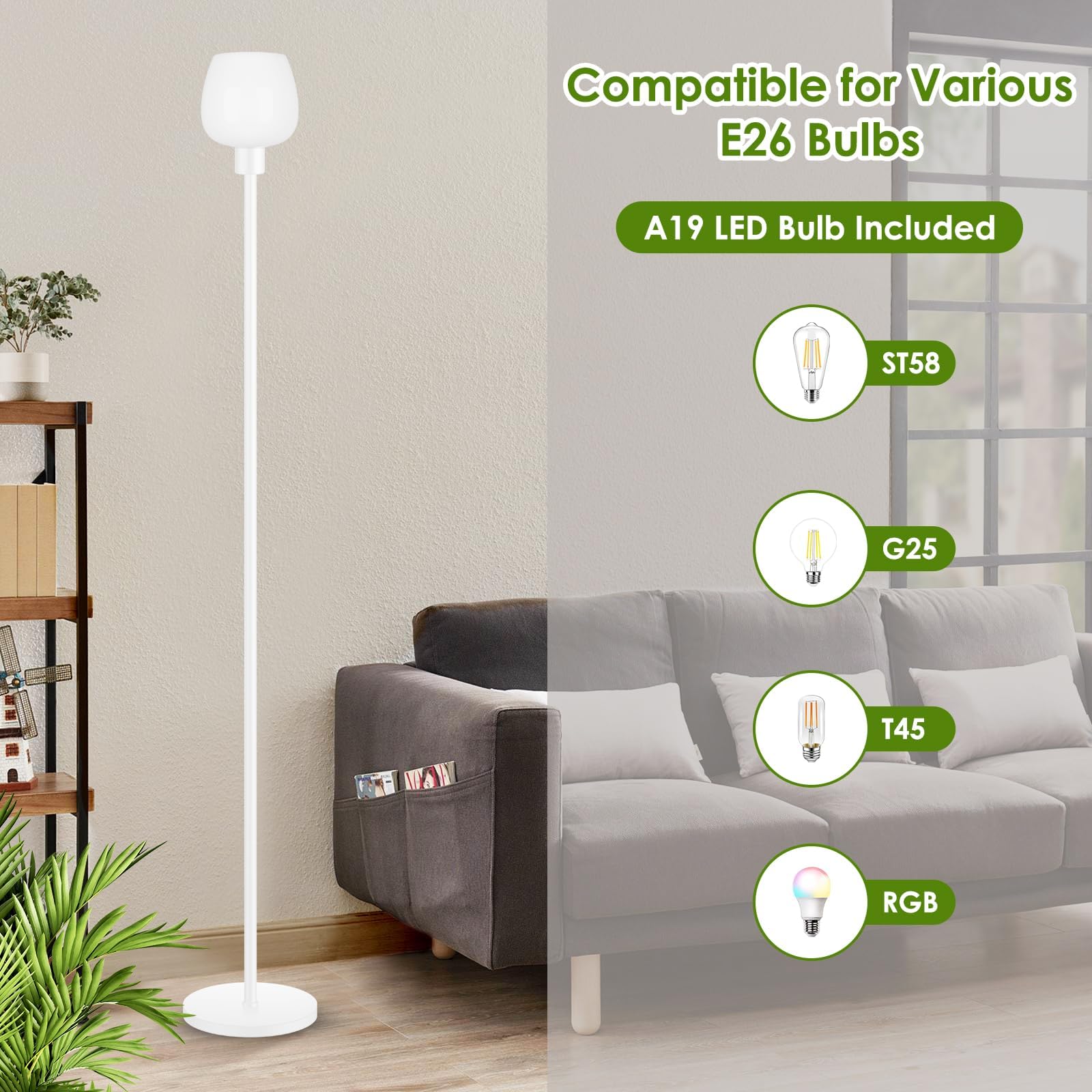 Floor Lamp For Living Room With 3 Color Temperatures, Standing Lamp With White Opal Glass Lampshade, Modern Tall Lamp With Foot Switch, Pole Lamp For Office Bedroom Dining Room, 9W Led Bulb Included