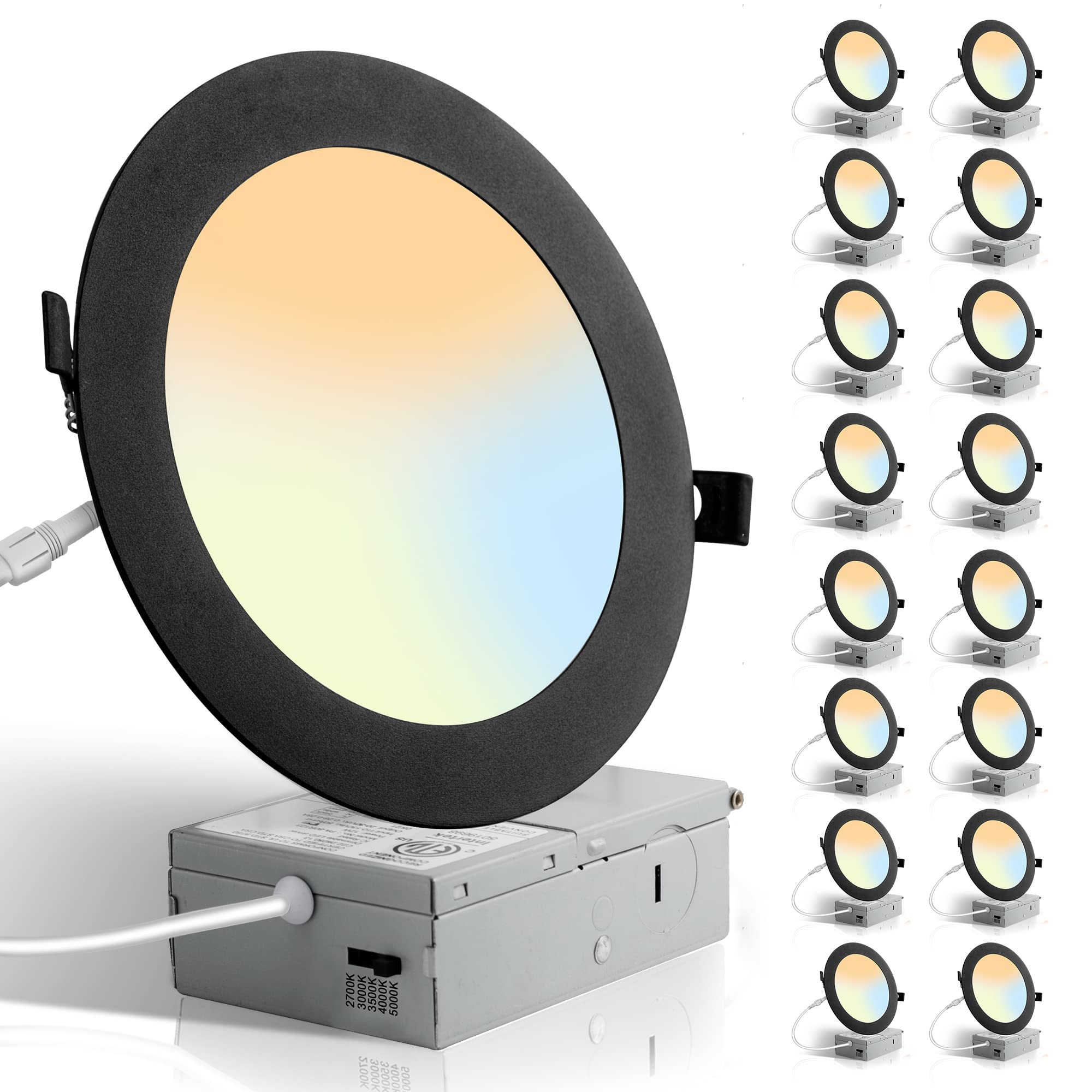 LEDIARY 16 Pack 5CCT LED Black Recessed Lighting 6 inch, 2700K-5000K Selectable Canless Recessed Lights, 1100LM High Brightness,