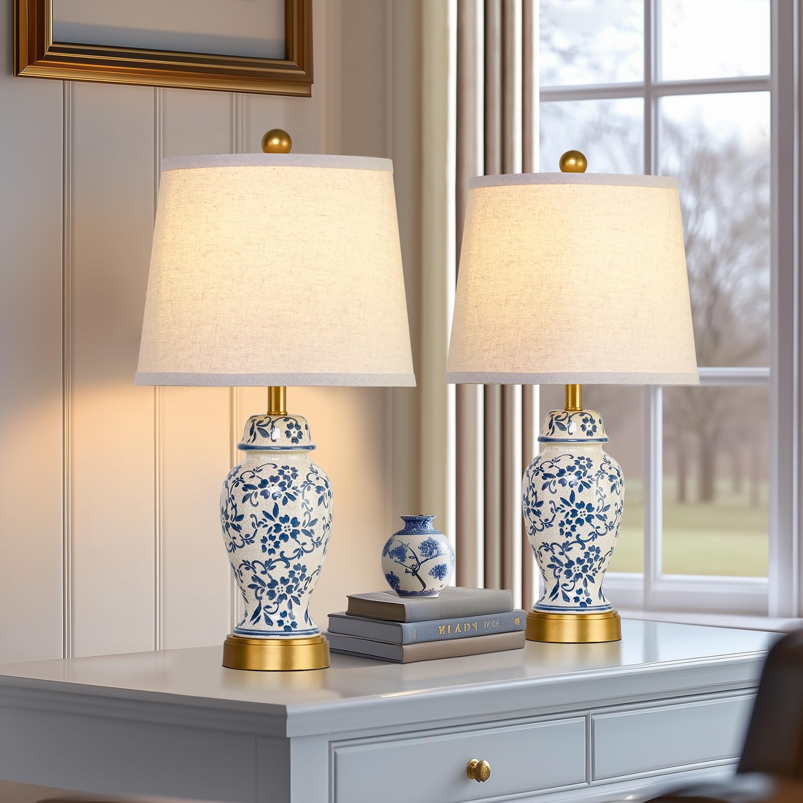 RORIANO Chinoiserie Ceramic Table Lamps Set of 2 - Traditional Blue & White Porcelain, Gold Finish, Includes 2 LED Bulbs, Model RO-8927
