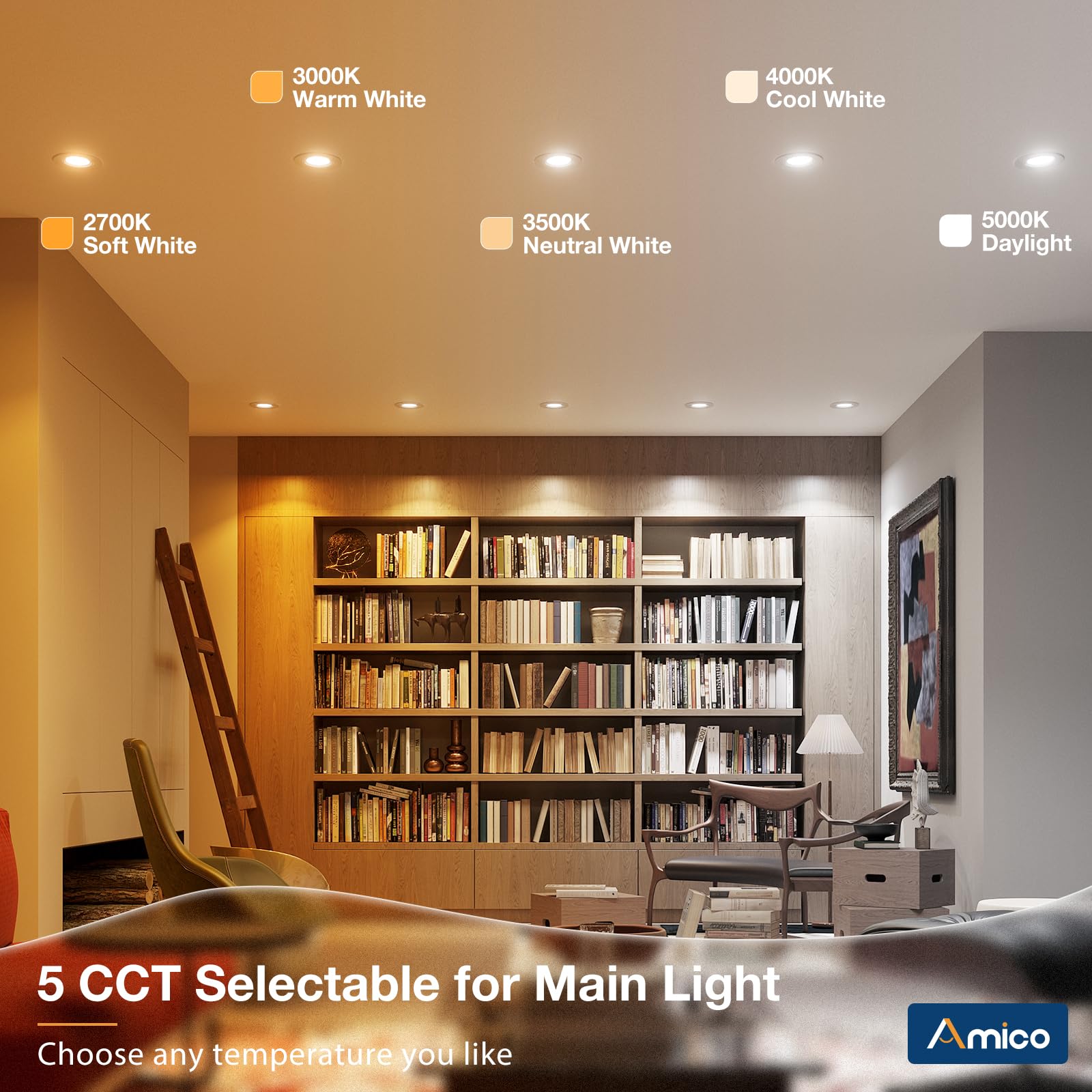 Amico 12 Pack 4 Inch LED Recessed Lighting, 5CCT Dimmable, 700LM, Night Light, ETL & FCC Approved, 2700K-500