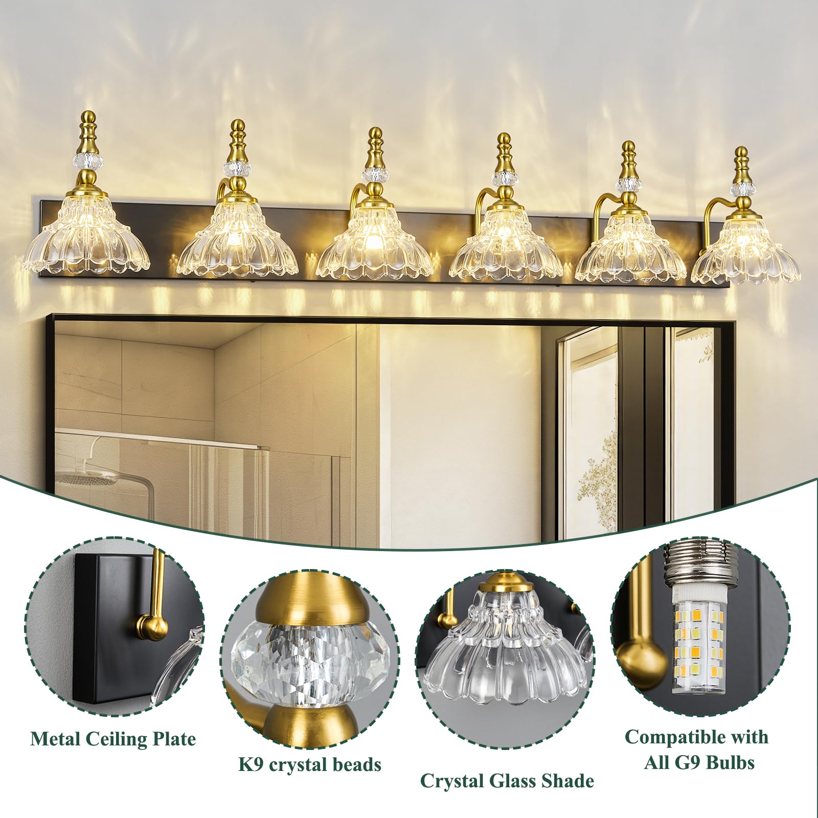 Lbsqj Vintage Bathroom Vanity Light  6-Light Black Gold Vanity Lighting Fixture With Flower Glass Shade  Bathroom Lighting Fixtures Over Mirror