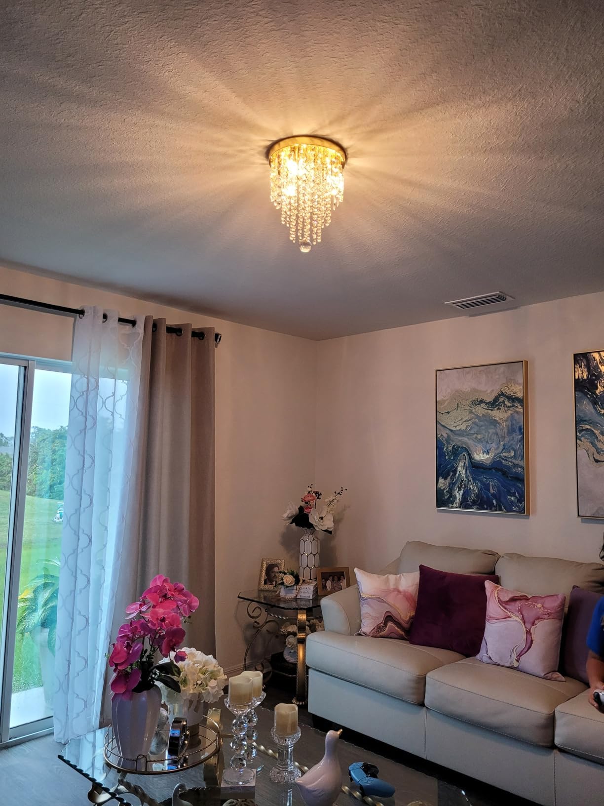 TISLYCO Mini Gold Crystal Chandelier, 3 Light Flush Mount Ceiling Light, Metal, 9.7inx11.5in, Beaded Pendant Lighting