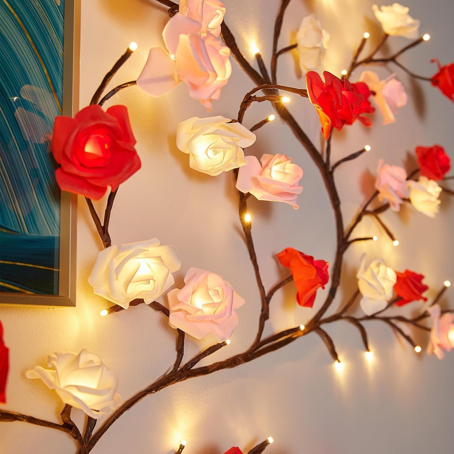 Rose Led Tree Branch Lights For Wall  Rose Flower Willow Vine Twig Decor Garland With 48 Led Lights And Remote 8 Lighting Modes Christmas Decorations Indoor For Home Wall Door Window (47Inch)
