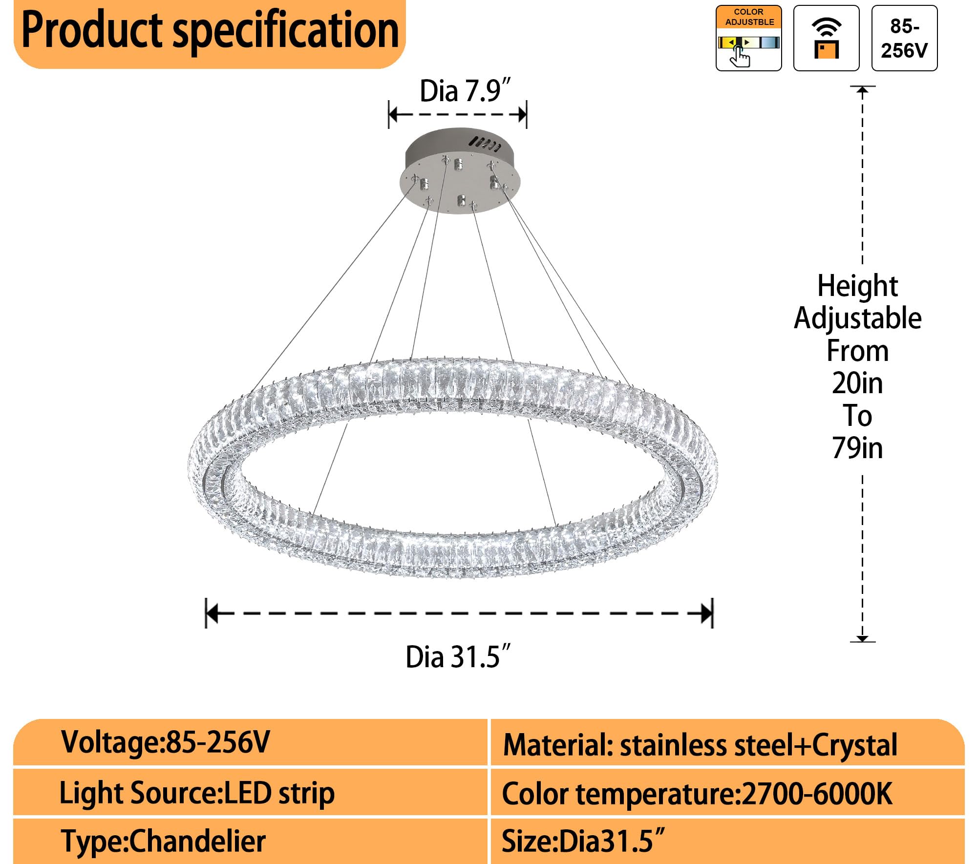 Idequy Modern Crystal Chandelier Dimmable Led 31.5'' Ring Pendant Light Adjustable Round Chrome Crystal Chandelier Light Fixture
