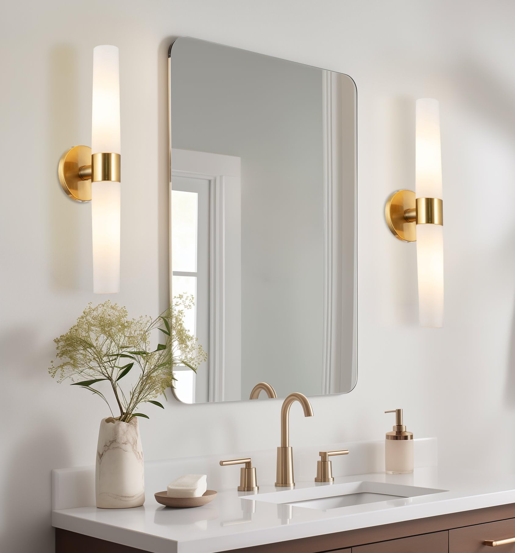 Kira Home Duo 21" 2-Light Modern Wall Sconce, Cool Brass Finish, Tapered Frosted Glass Shades, Model RV-W131-1747-CB