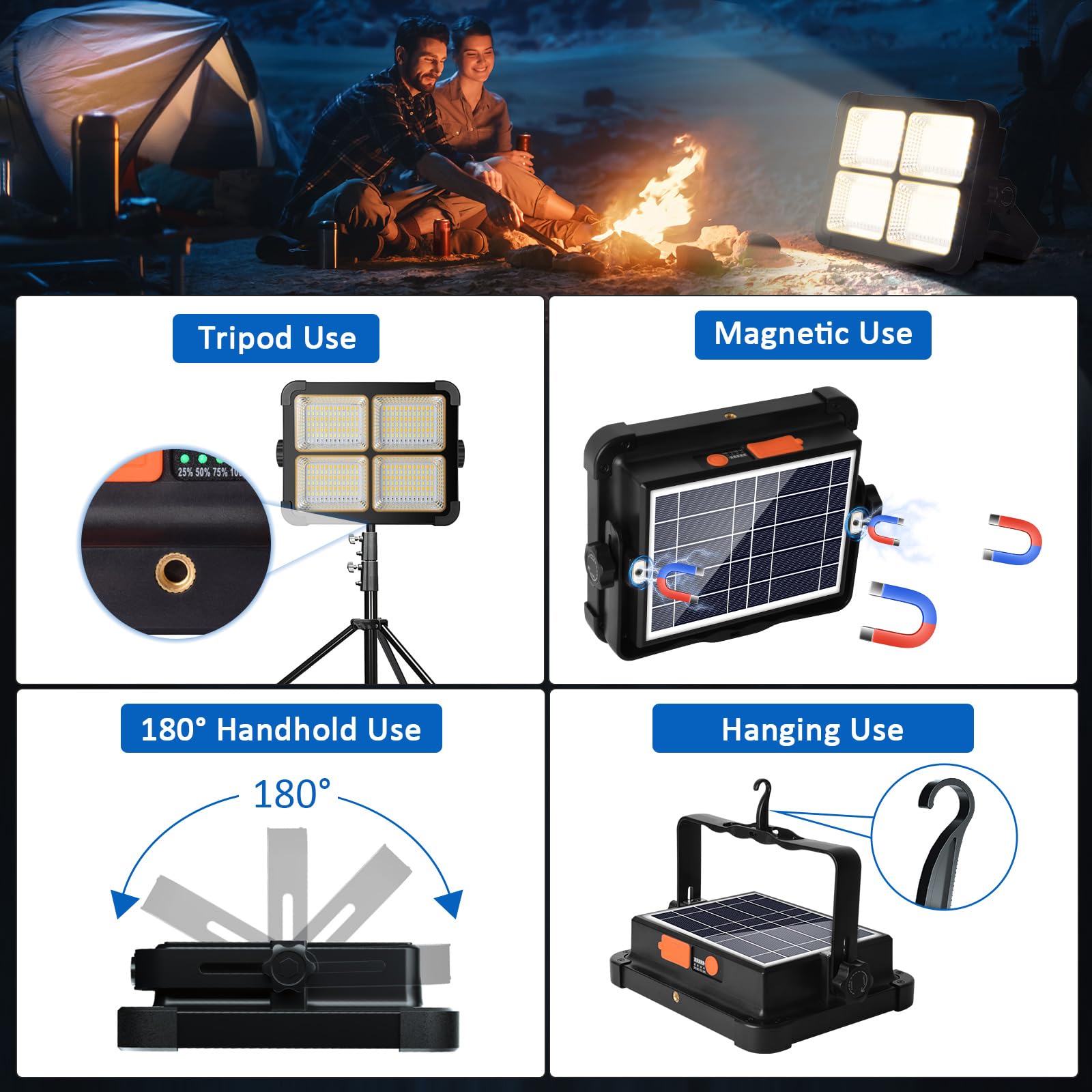 Rechargeable Work Light 100W, Solar Work Light 12000mAh, 4 Lighting Modes/Stepless Dimming, Portable for Camping, Car Repair, Po