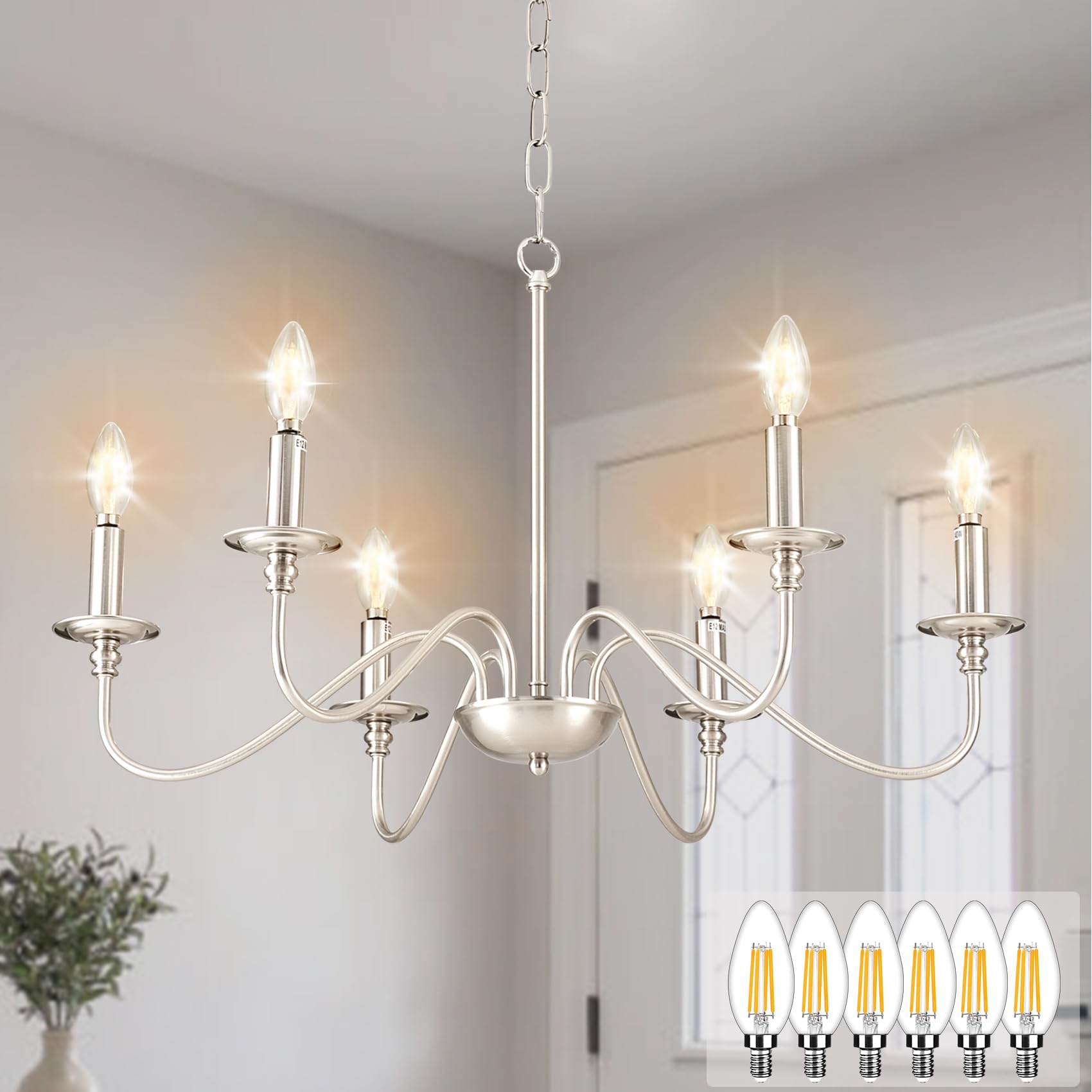Depuley Modern Chandelier for Dining Room: 6-Light Brushed Nickel Farmhouse Hanging Ceiling Pendant Light Fixture Fixture for Ki