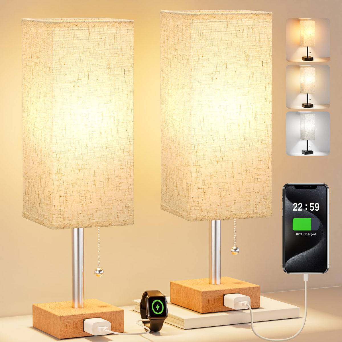 Fenmzee Table Lamp For Bedroom Set Of 2 Nightstand - 3 Color Bedside Lamps With Ac Outlets For Charging, Square Wooden Night Sta