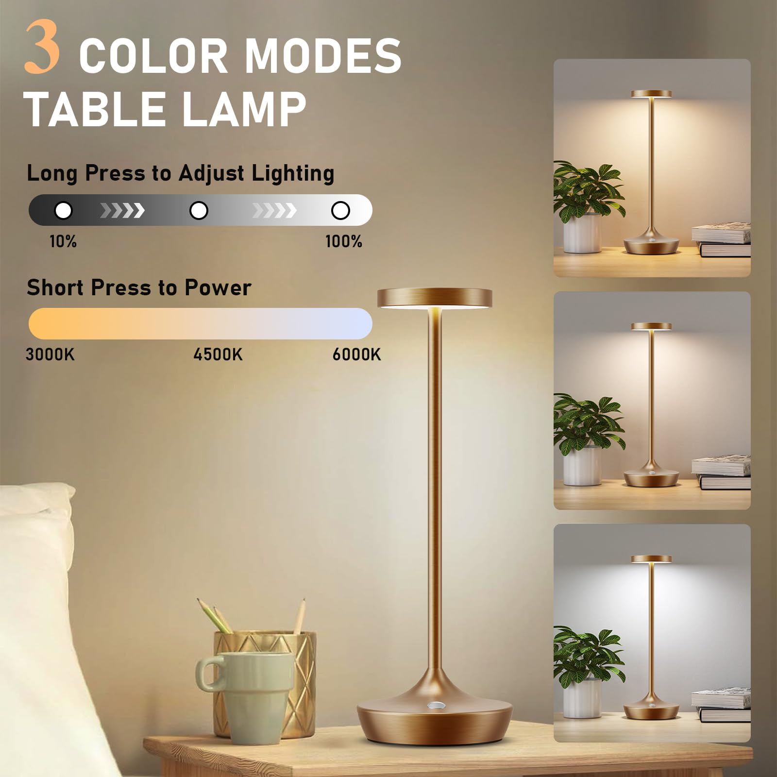 Tpczqj 2 Pack LED Cordless Table Lamps - Rechargeable, Touch Control, Waterproof, Bronze