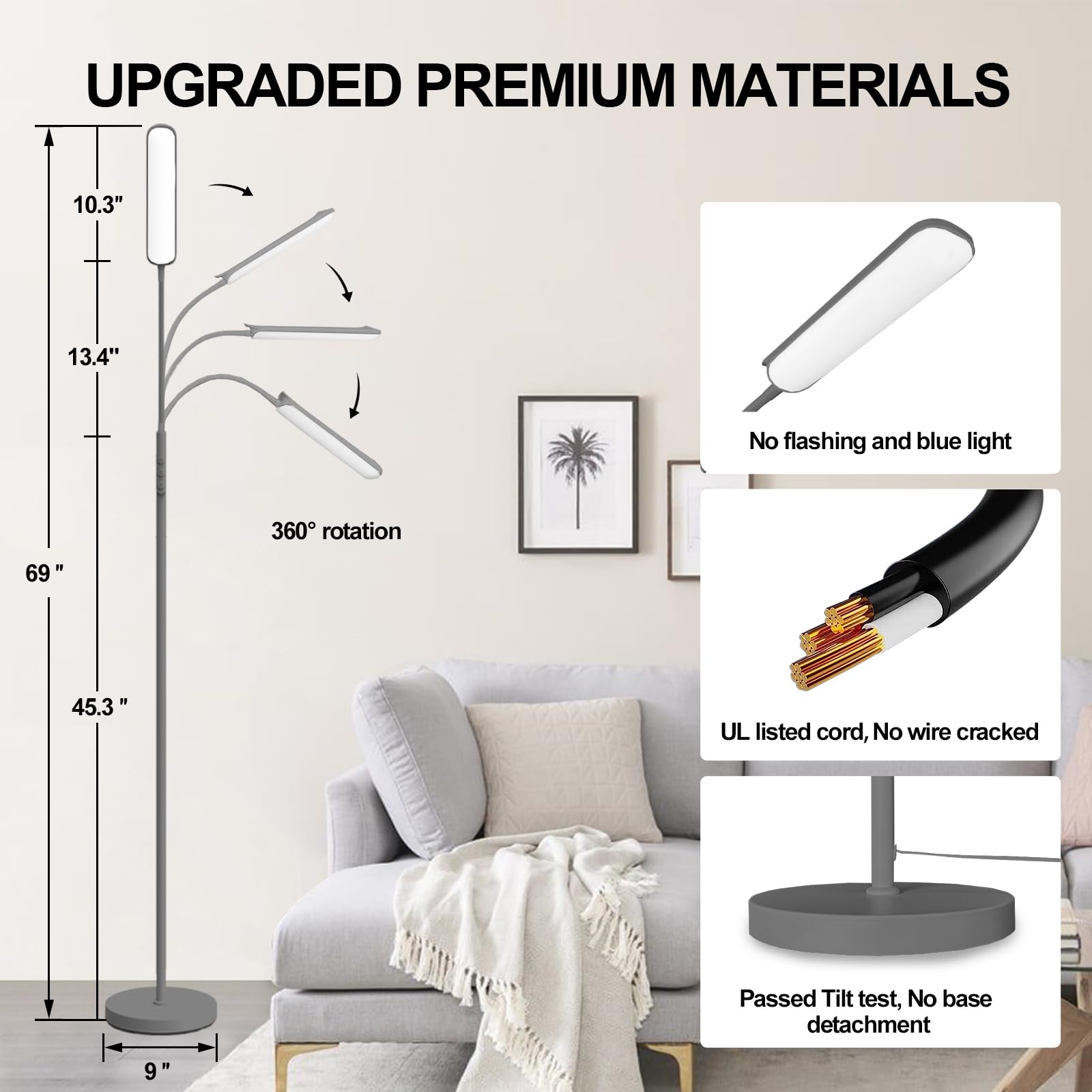 Marctronic Grey LED Floor Lamp, 18W 1800LM, Remote Controlled, Dimmable Light for Living Room & Office