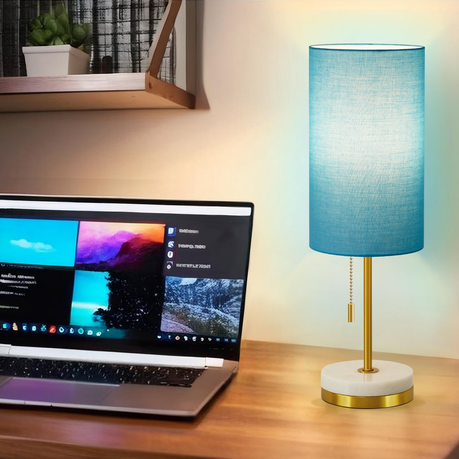 Luvkczc Minimalist Table Lamp Set of 2, Small Fabric Shade, Marble Base, Blue, Model 066
