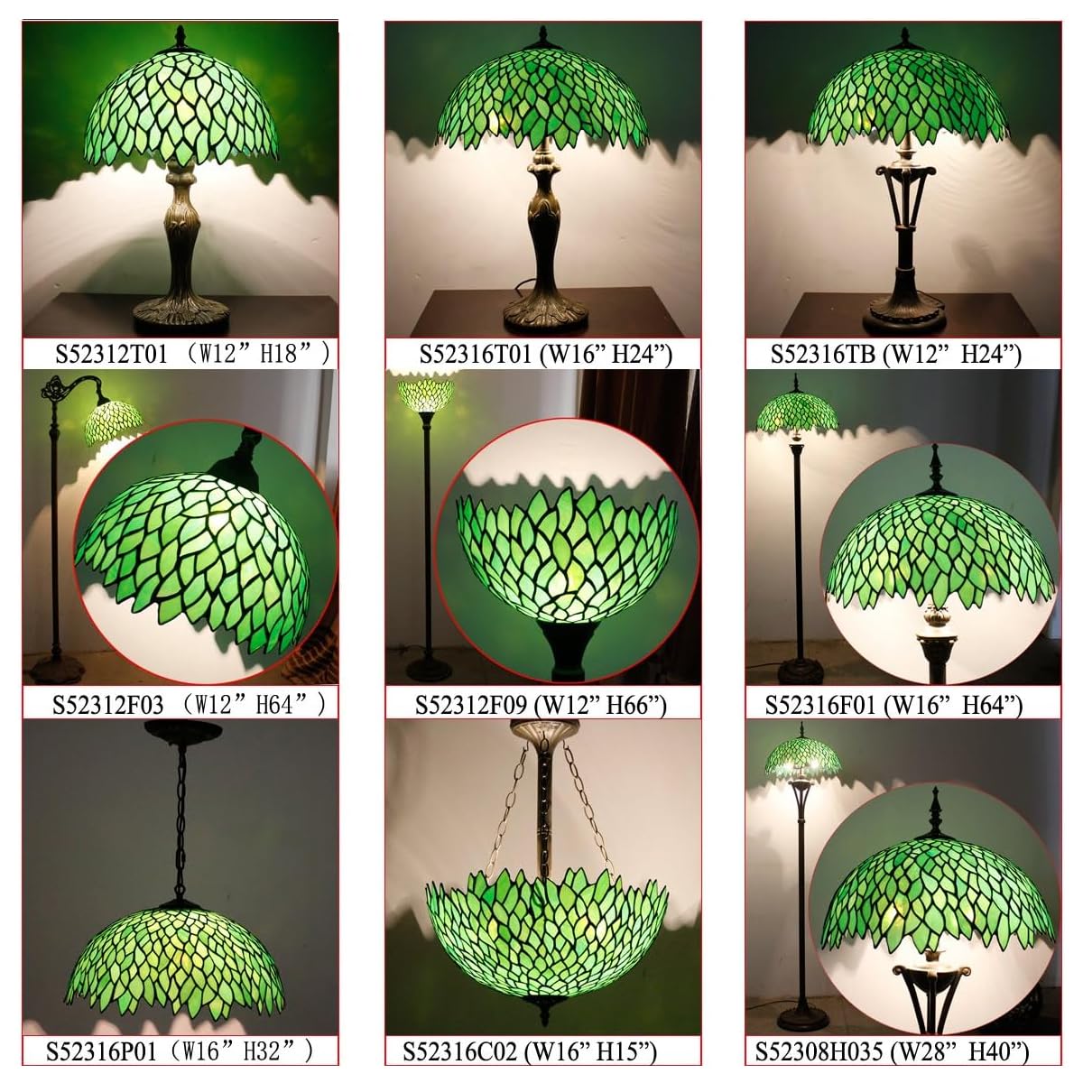 Werfactory Tiffany Pendant Light Fixture, 16 Wide, 40 Height, Green Wisteria Stained Glass, Large Hanging Lamp, S523 Series