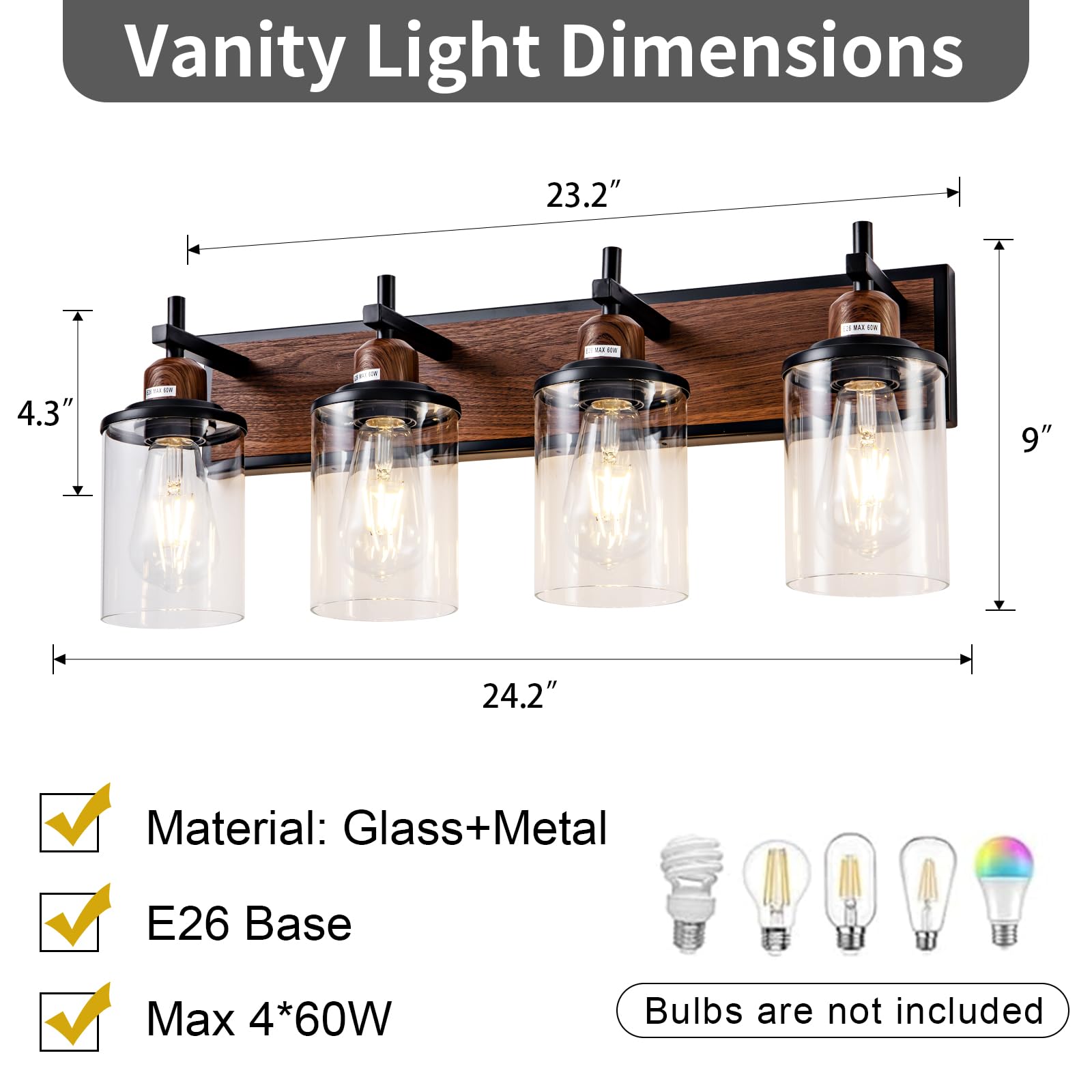 Lanhall 3-Light Farmhouse Bathroom Light Fixtures Vintage Vanity Lights Over Mirror Black And Wood Painted Metal Vanity Light Wi
