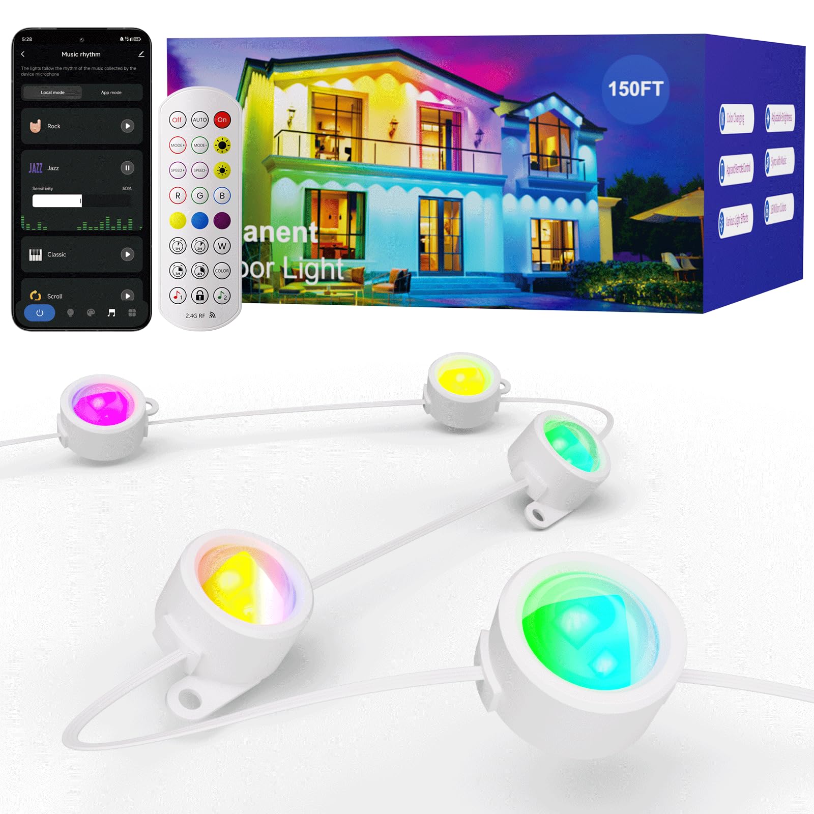 HUTAKUZE Outdoor Lights, 150FT, 90 RGB LEDs, IP67 Waterproof, 48 Scene Modes, Remote & APP Control, Model C5109, Multicolor