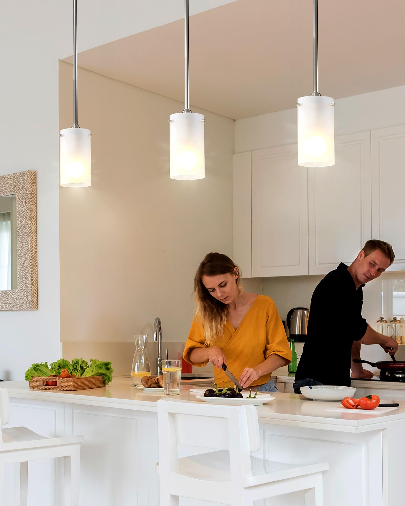 Eidonta Mini Pendant Light Fixture 1-Light, 3 Pack Brushed Nickel Hanging Ceiling Lights With Opal White Glass, Adjustable Heigh