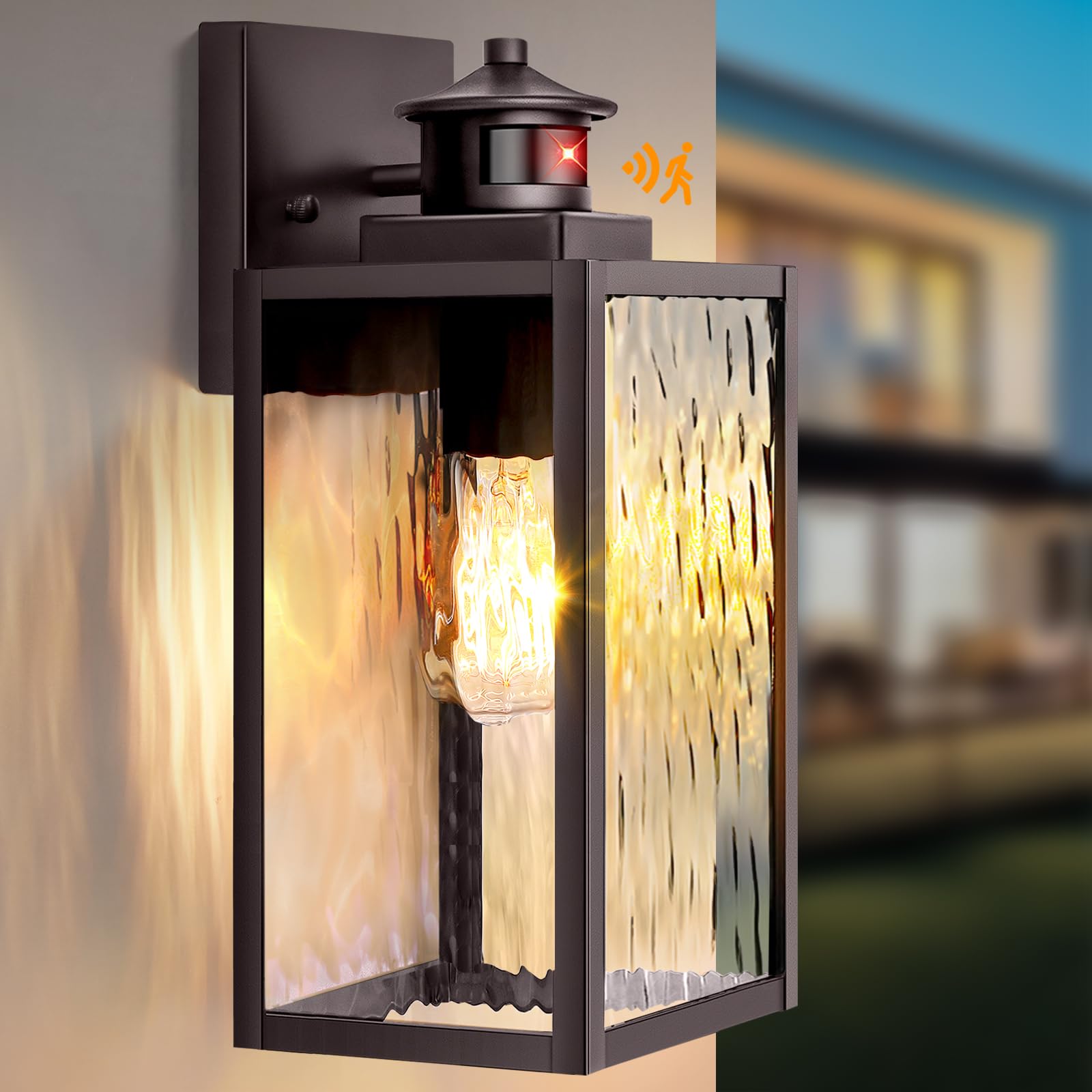 13.6'' Motion Sensor Outdoor Wall Sconce Lantern, Exterior Waterproof Wall Lights Fixtures with Water-Rippled Glass, Brown Outsi