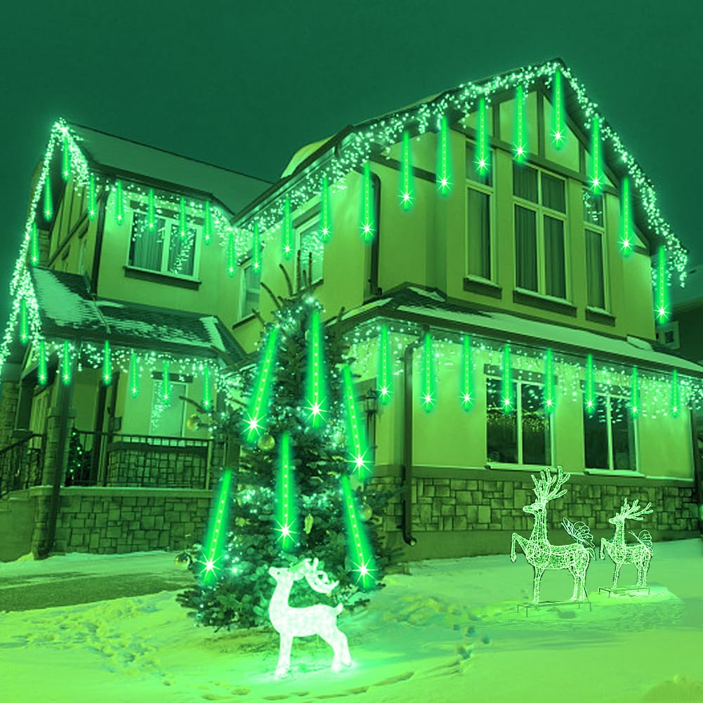 Weepong Meteor Shower Lights, 8 Tube, 192 LED, Outdoor Christmas Decor, 30CM, Green, Model WEP-FRL-GR
