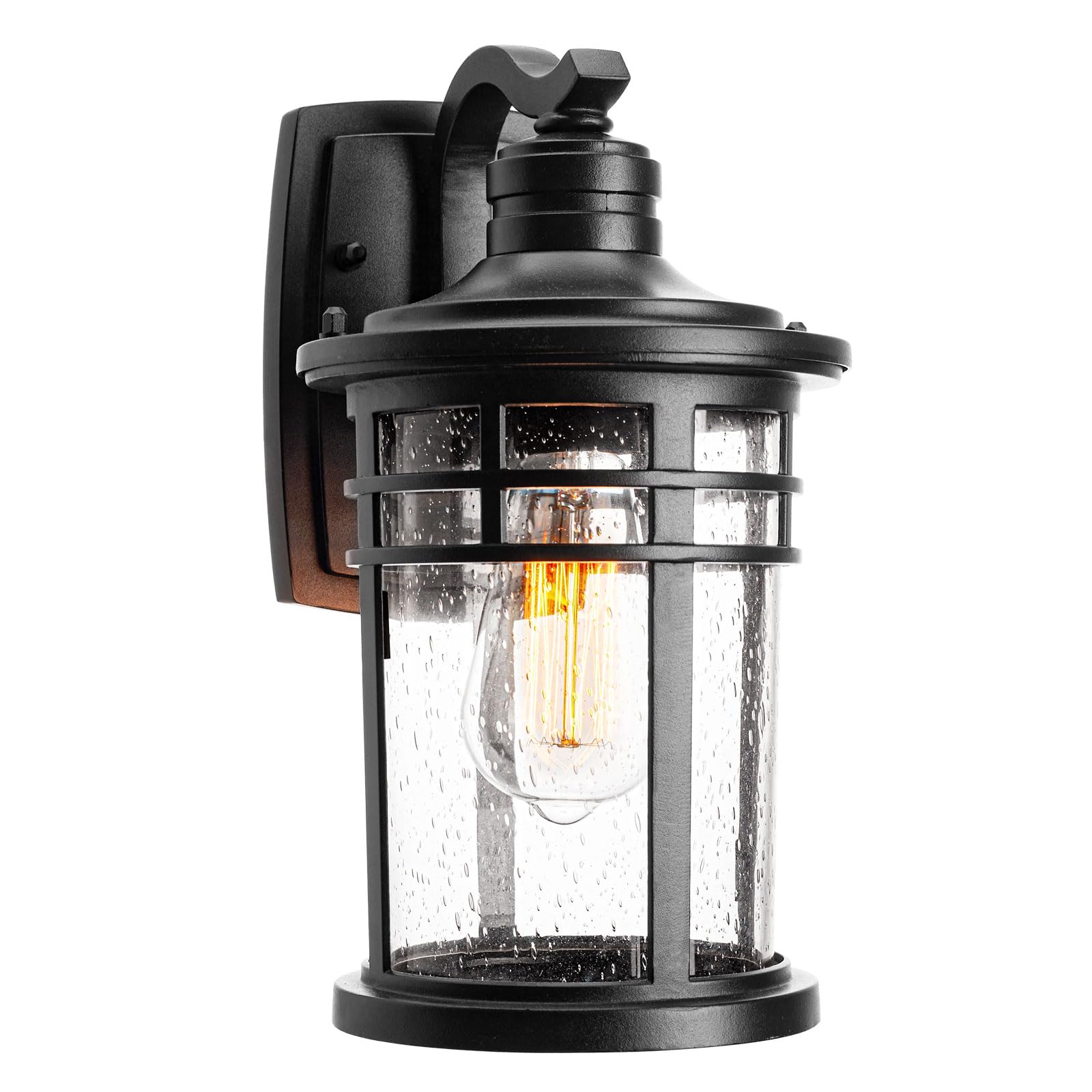 Darkaway Outdoor Porch Light Wall Mount, Waterproof Aluminum Sconce, Medium Size, Black-Seeded Glass, Model 6X20B BK
