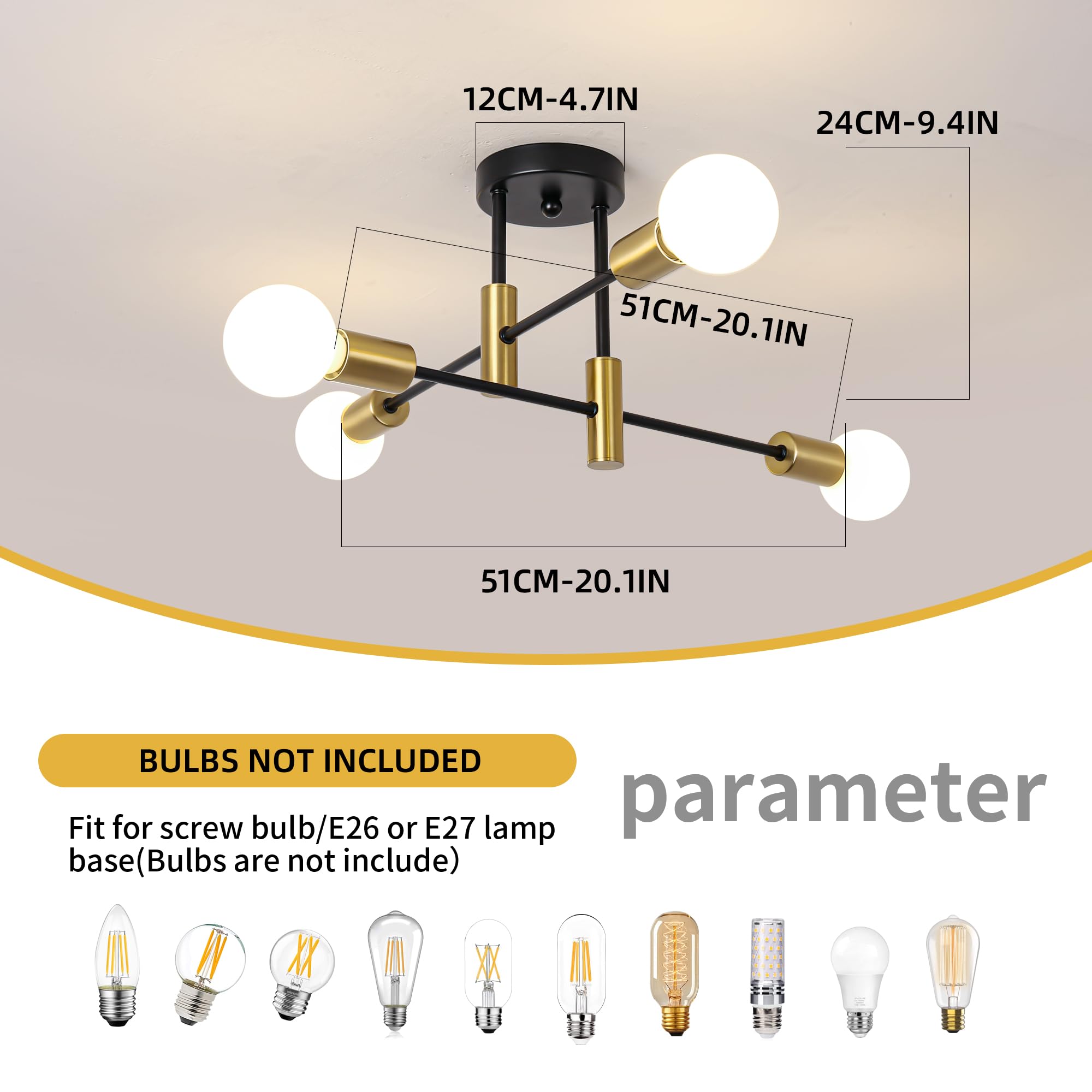 Garwarm 2 Pack 4-Light Industrial Semi Flush Mount Sputnik Ceiling Light Fixture, Black And Gold Modern Sputnik Chandelier For P