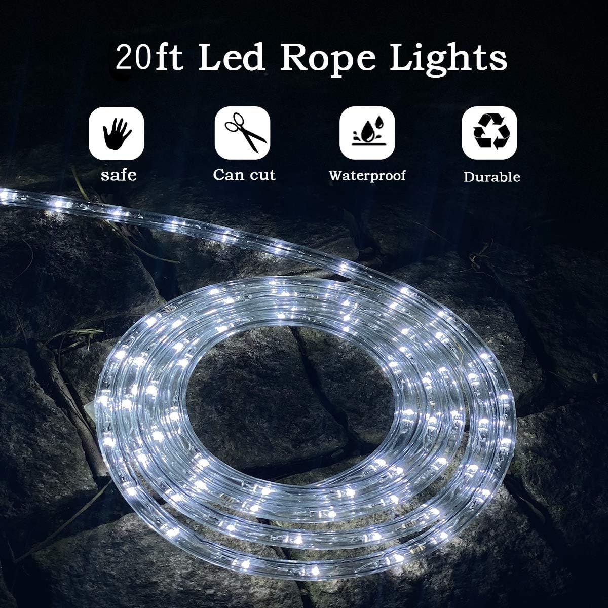 Buyagn Led Rope Light  20Ft Led Strip Lights Outdoor Waterproof Decorative Lighting For Indoor/Outdoor Decorations  Deck  Patio  Party And Bedroom Decorations (Cold White)