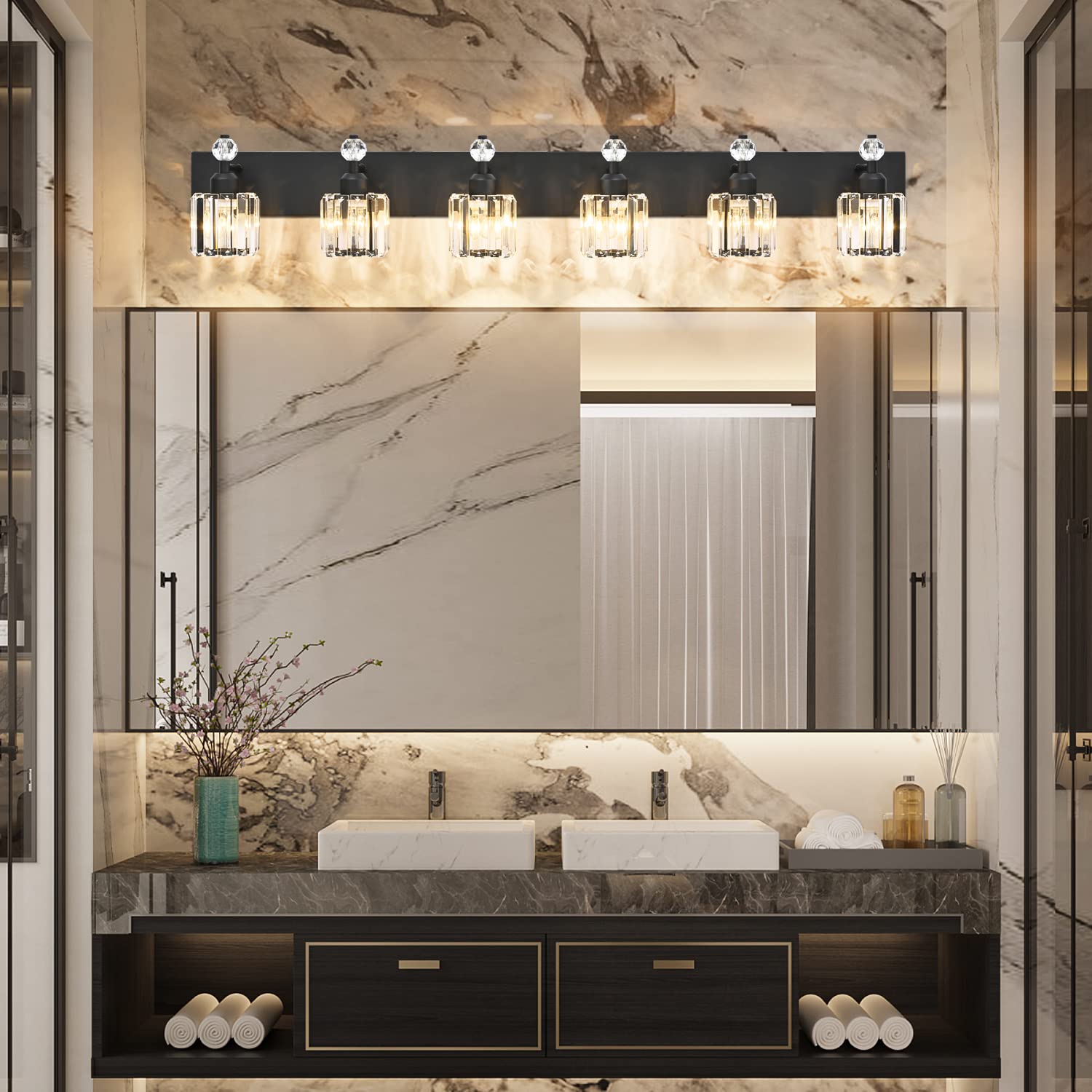 PRESDE Vanity Light Fixtures, 6-Light Modern Crystal, Matte Black Metal, Bathroom Wall Light Over Mirror