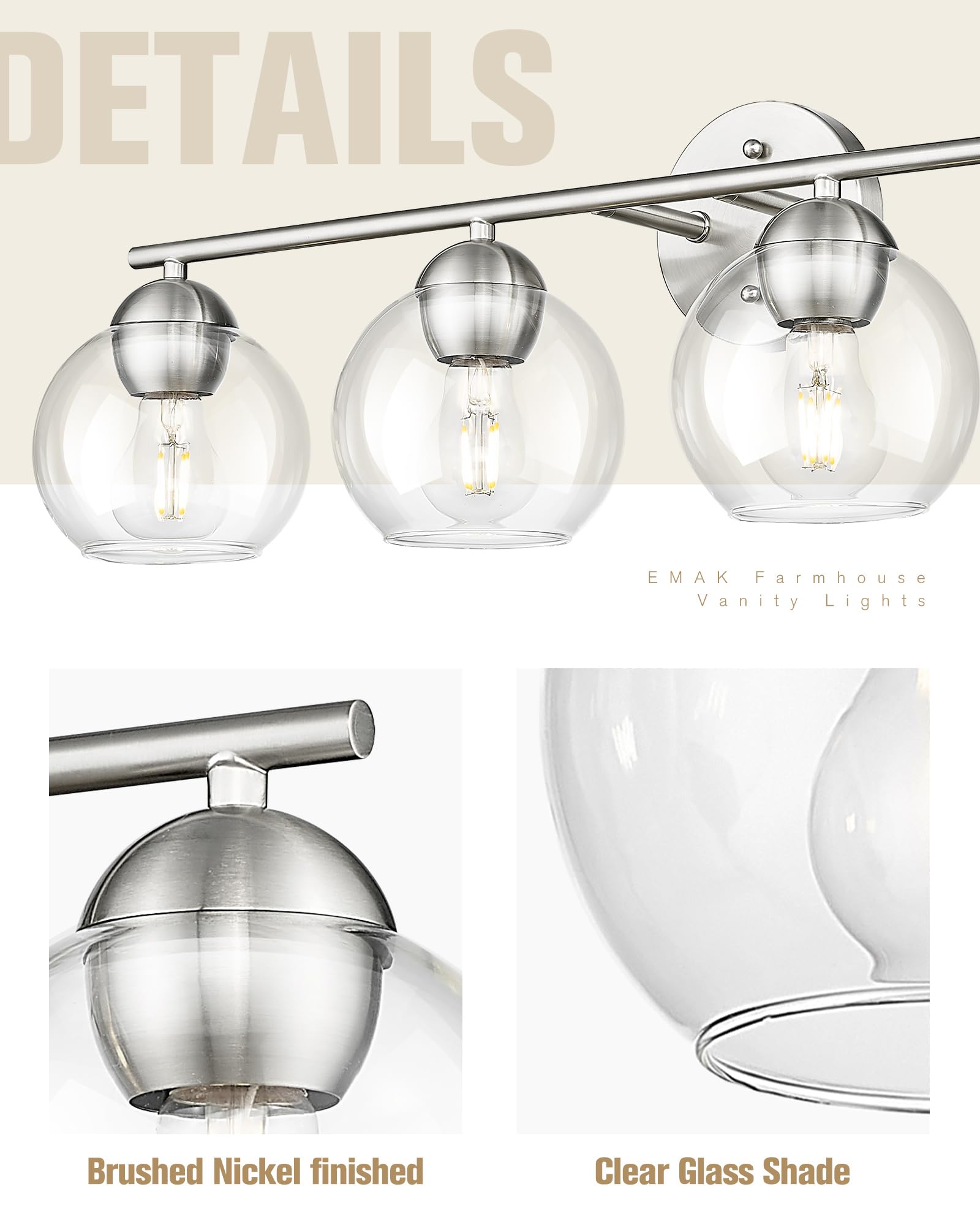 Emak Mak 4-Light Bathroom Vanity Light  29 Inch Brushed Nickel Bathroom Light  Globe Vanity Lighting With Clear Glass Shade For Bath  Vl114-Bn-4