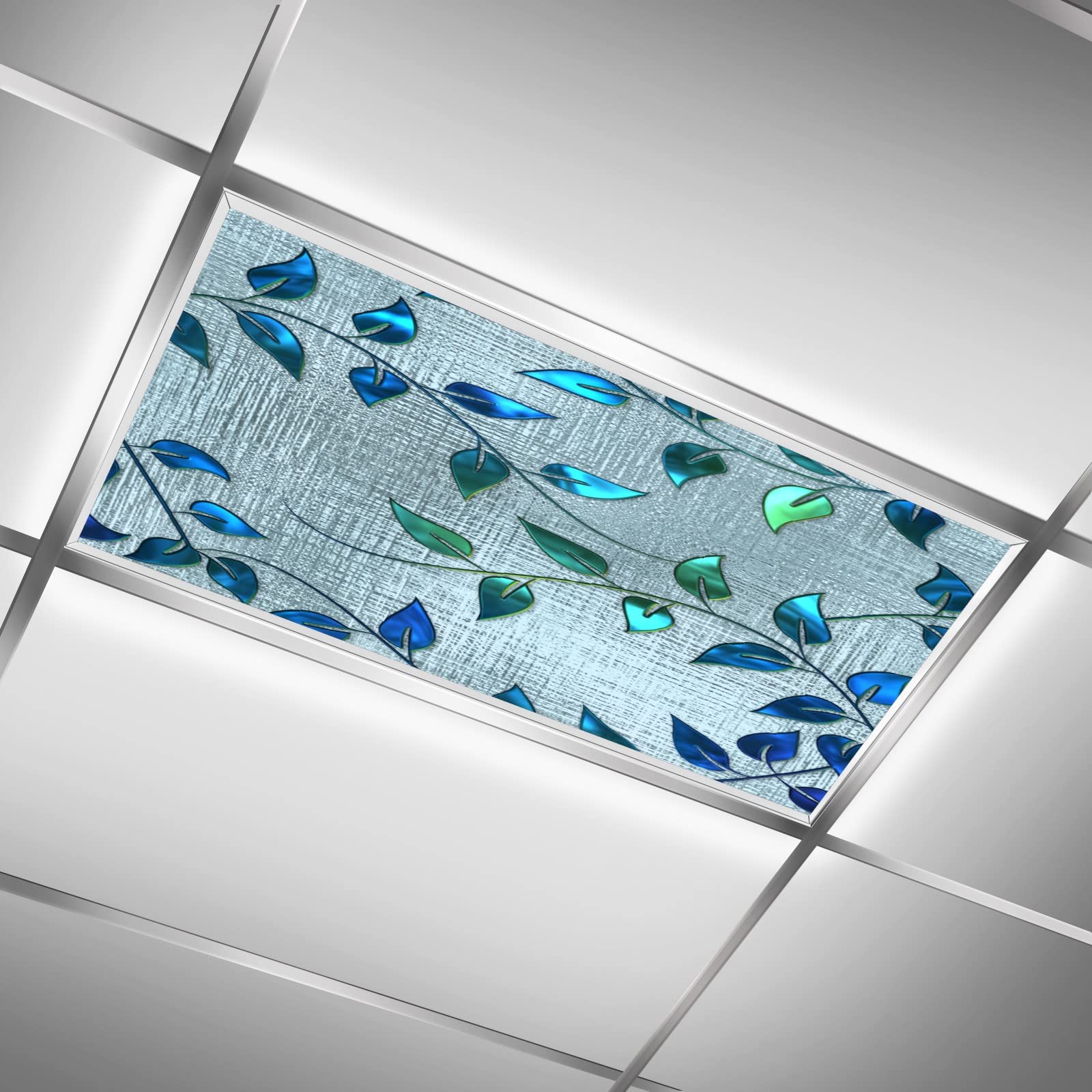 Drop Ceiling Light Covering Insert 4' x 2' feet (Silver Stained Glass Green Retro Leaves)-Fluorescent Light Cover Reduce Glare F