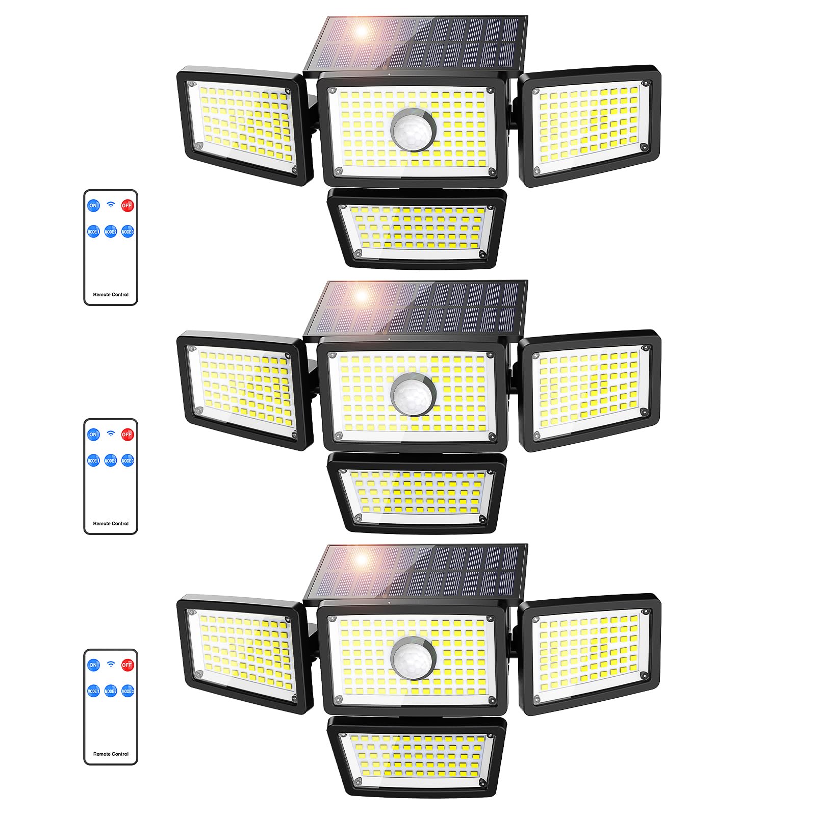 omibee Solar Motion Sensor Lights, 3000LM, 4 Adjustable Heads, IP65 Waterproof, Remote Control, Black, Model OEE214A05, 3 Pack