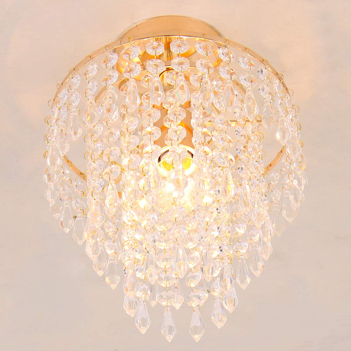 FRIXCHUR Mini Crystal Chandelier, 3-Tier Flush Mount Light, H11.4'', Gold, Modern Raindrop Design for Bedroom, Hallway, Living Room