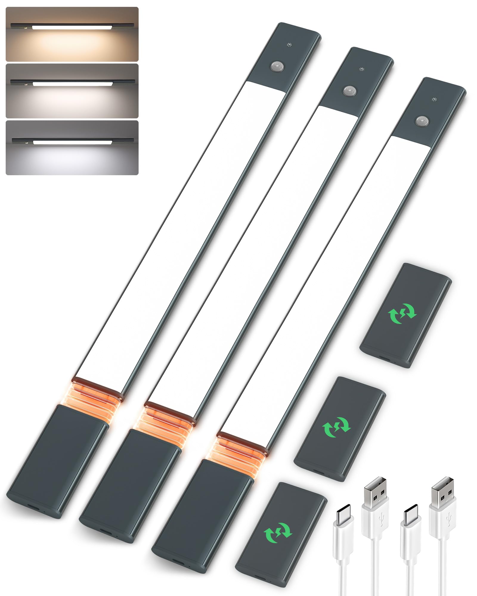 EZVALO Under Cabinet Lights with 3 Extra Batteries, 2200mAh Rechargeable Motion Sensor Light Indoor, 3 Color Temps, Dimmable Clo