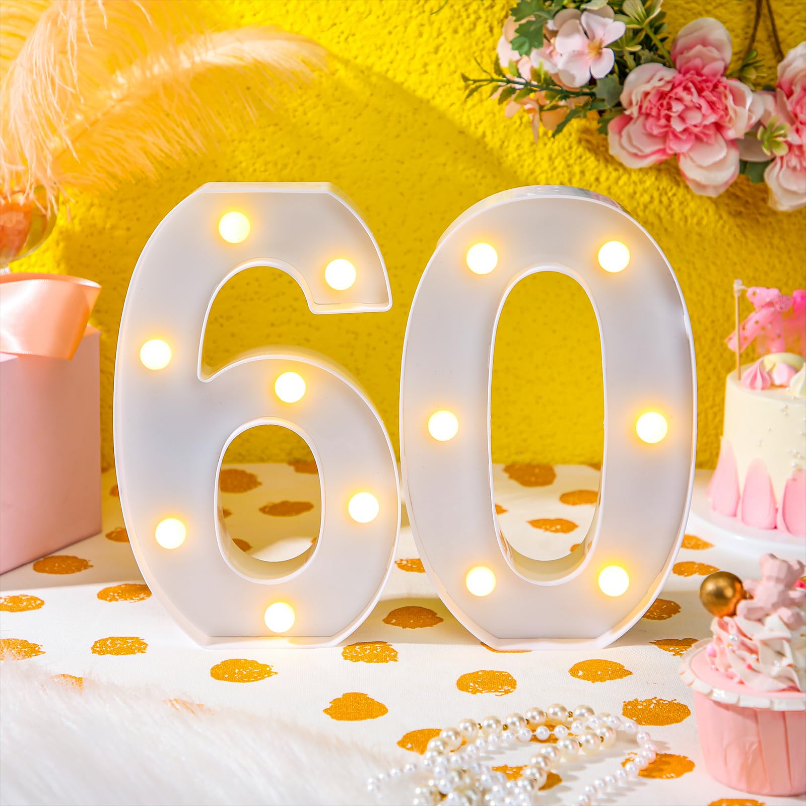 Treela LED Decorative Number Sign, Glitter Marquee for Birthdays, 60th Size, White, Model JR-Treela-4354