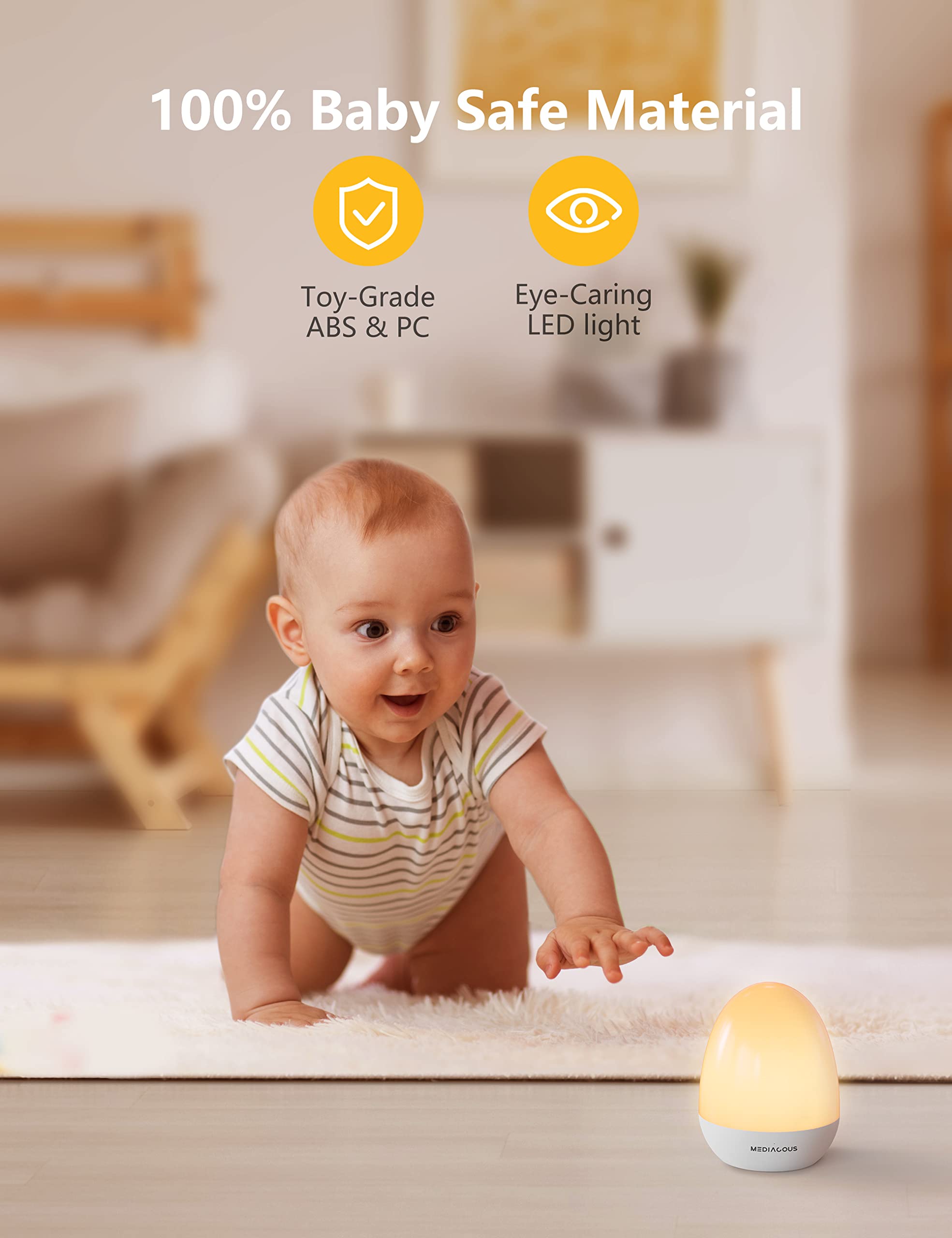 MediAcous Kids Night Light - Dimmable LED Egg Lamp with Touch Control, Timer, Stable Charging Pad, White, Model ME-NL02