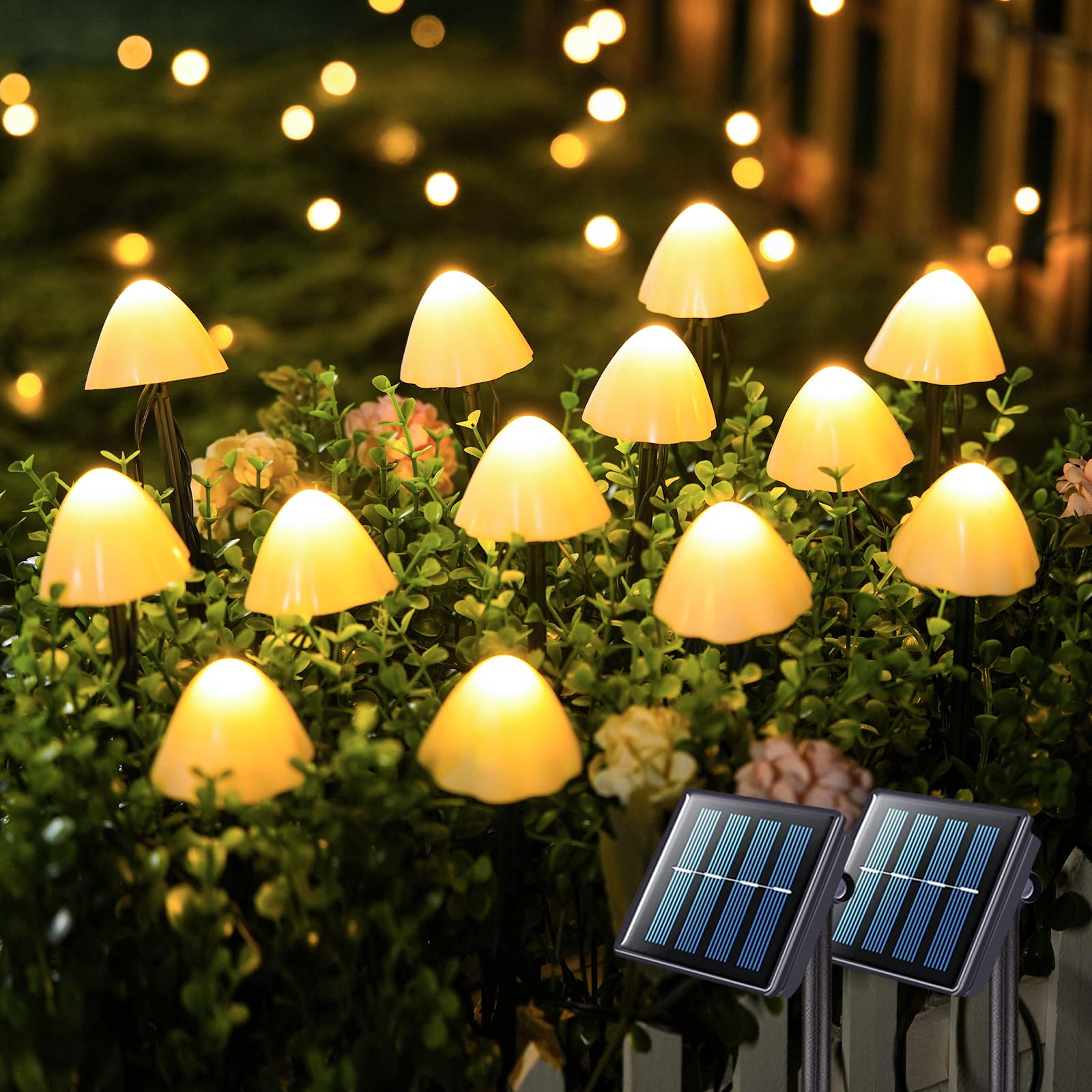 JMEXSUSS Solar Mushroom Lights for Outside, 20 LED 36FT Solar String Lights Outdoor Waterproof, 8 Modes Pathway Light for Garden