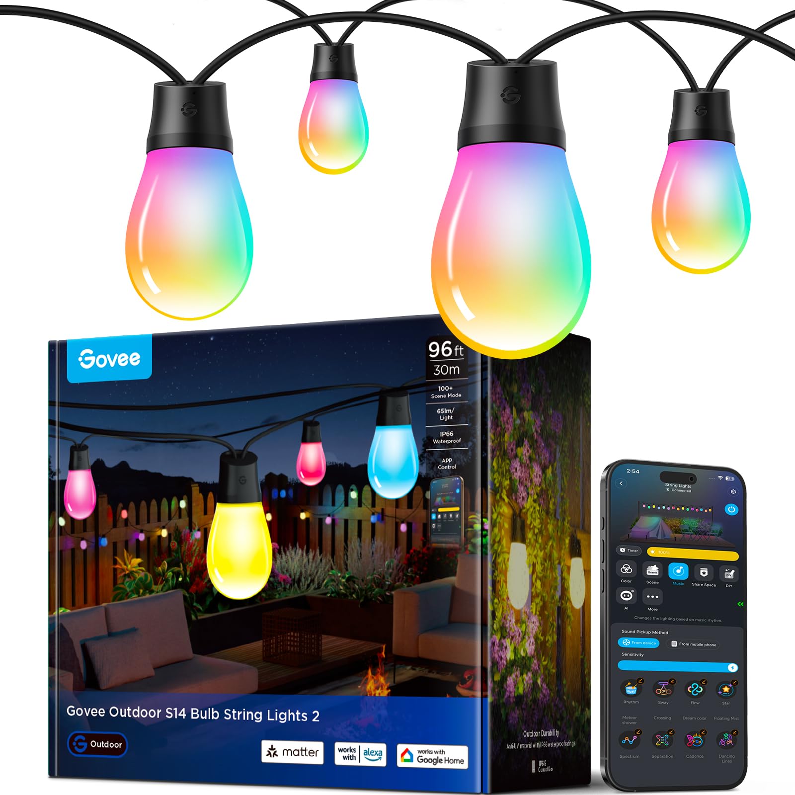 Govee S14 Bulb Outdoor String Lights 2, 96ft Smart RGBIC Warm White Patio Lights with 15 LED Bulbs, 111 Scene Modes for Outdoor 
