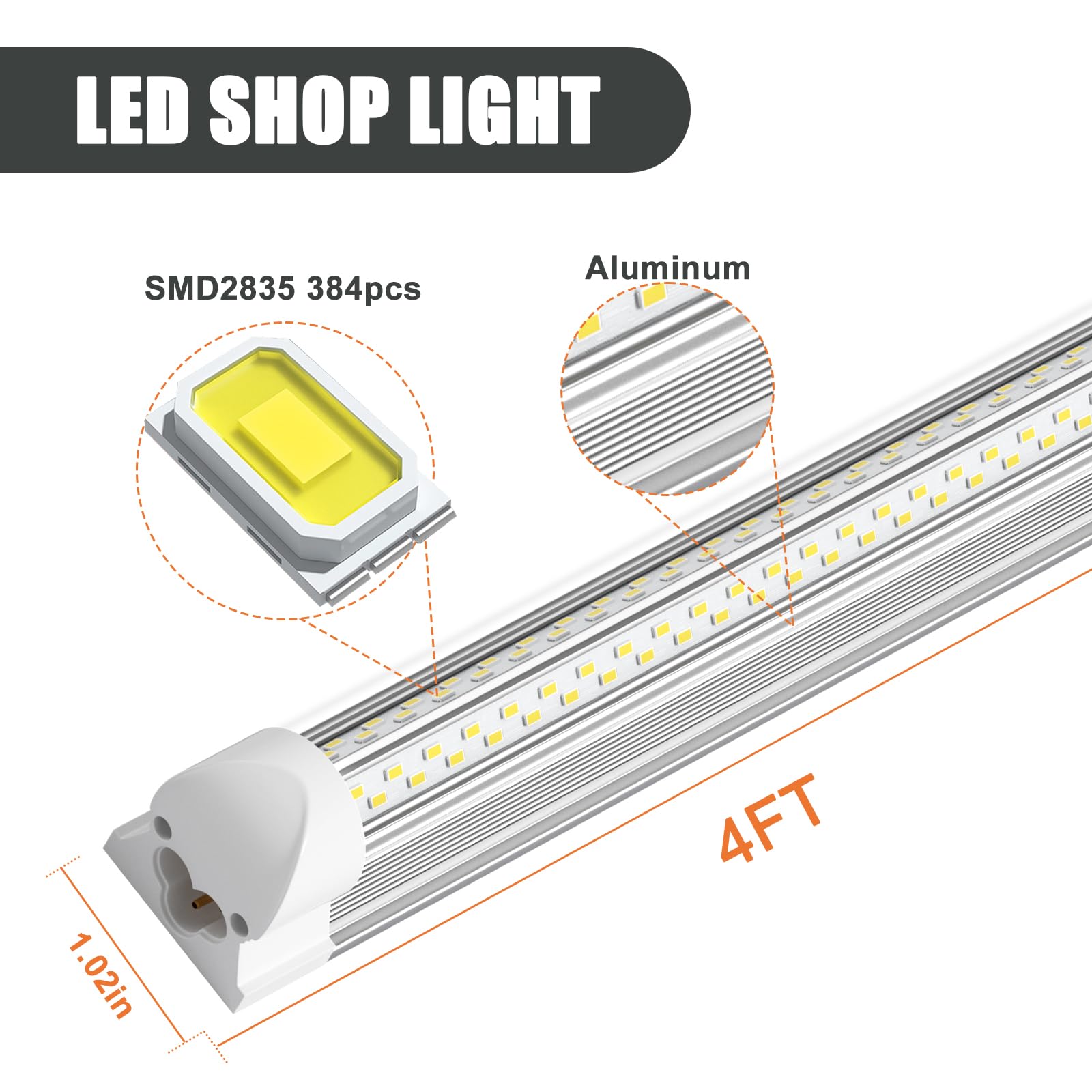 Onlylux 4Ft Led Shop Light - 45W 6750Lm 5000K 4 Foot V Shape Integrated T8 Led Lights,Linkable Shop Lights 48'' T8 Garage Lights