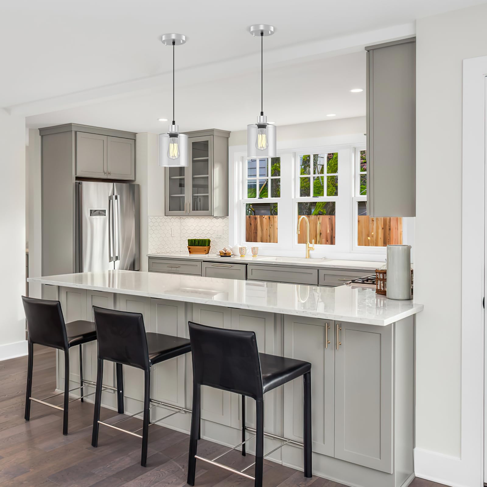 Pendant Light Kitchen Island Lighting 2 Pcs  With Bulb & Clear Glass Shade - 59 Inch Hanging Cord Farmhouse Hanging Lighting Fixture For Dining Room Bedroom Hallway - Brushed Nickel