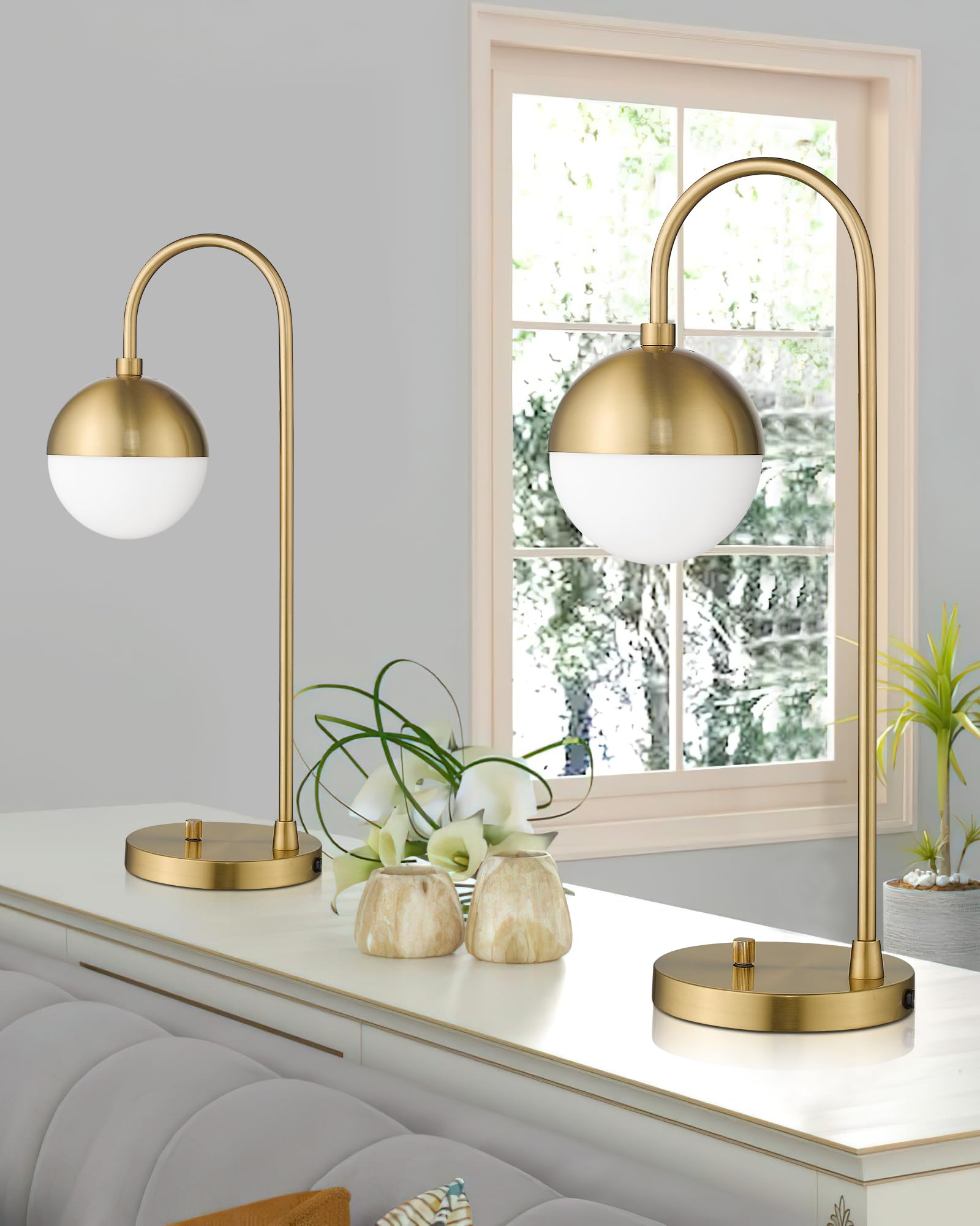 Lms Modern Gold Table Lamp With White Glass Globe, Gold Desk Light Bedside Lamp With Brushed Brass Finished For Living Room Office Nightstand, Dimmable Switch