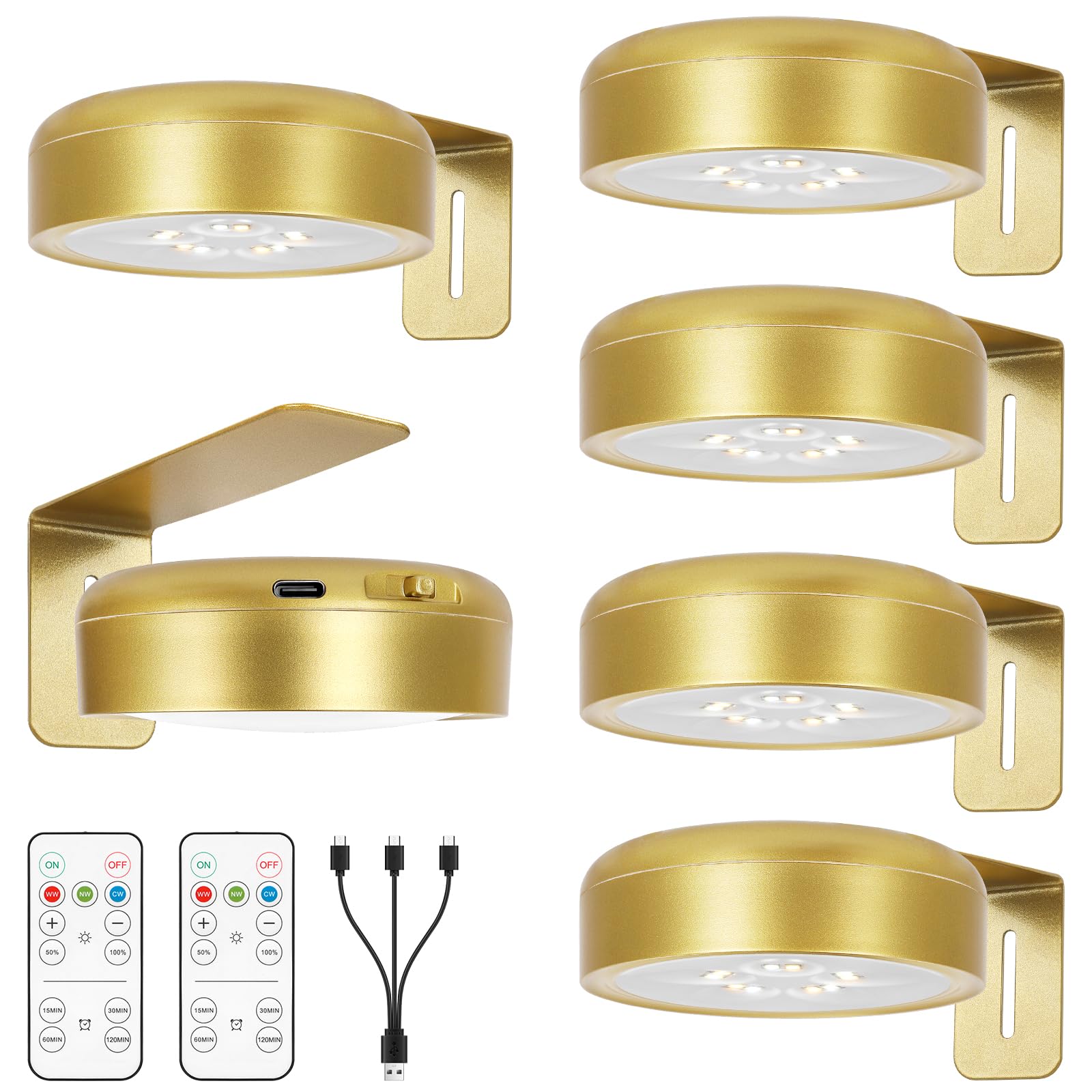 Arixinks 6-Pack Rechargeable Wall Picture Light with Remote, Dimmable LED, Gold, Model 4r