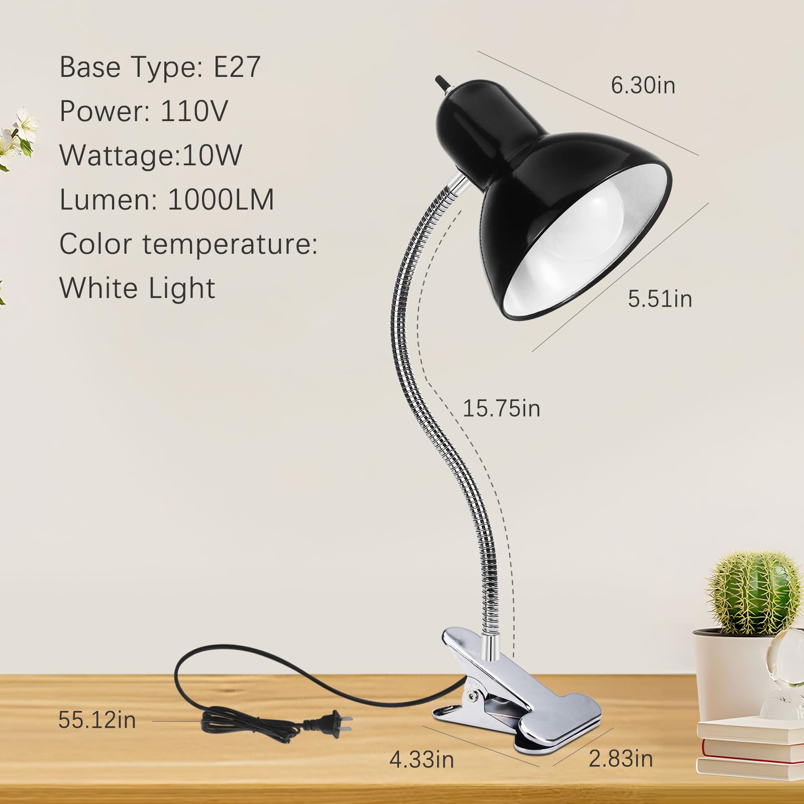 10W Wangjiatai Desk Lamp,Eye Protection Led Clamp Lamp,360Adjustable Gooseneck Clip On Lamp,Portable Reading Light,Study Clamp L