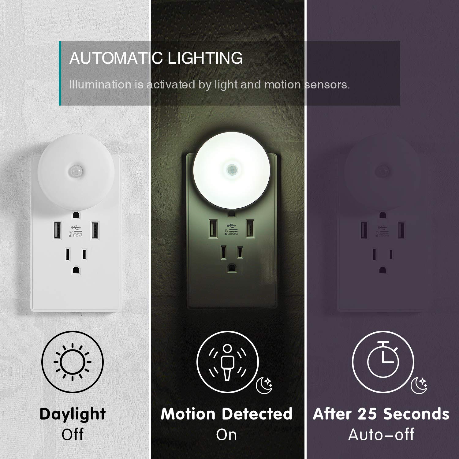 myCozyLite LED Motion Sensor Night Light, 2 Pack, Energy Efficient, Daylight White, Plug-in, for Bathroom, Bedroom, Kitchen, Hallway